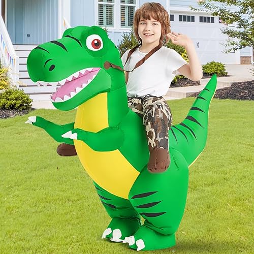 Miniatura 5 de COMIN Disfraz inflable de dinosaurio para niños, disfraz de dinosaurio inflable de T-Rex, vestido divertido verde para fiesta de Halloween