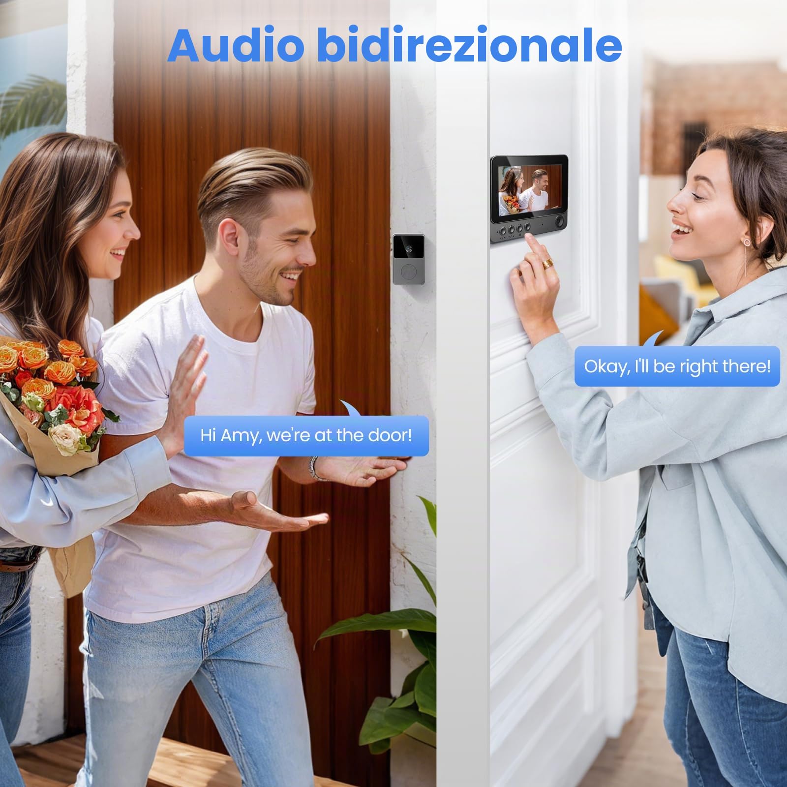 Campanello senza fili con fotocamera, IP65 esterno, impermeabile, 1080P HD schermo 4.3", 2.4G Campanello video senza fili, audio bidirezionale, visione notturna, resistente alle intemperie, supporta