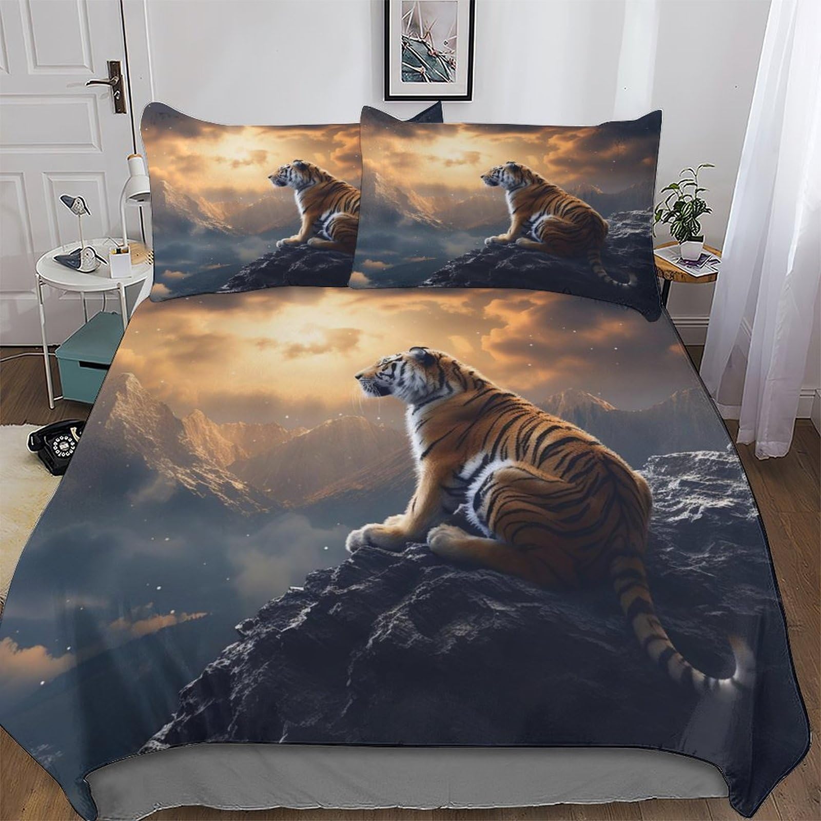 Parure de lit tigre 220x240 avec housse de couette microfibre et taies d'oreiller
