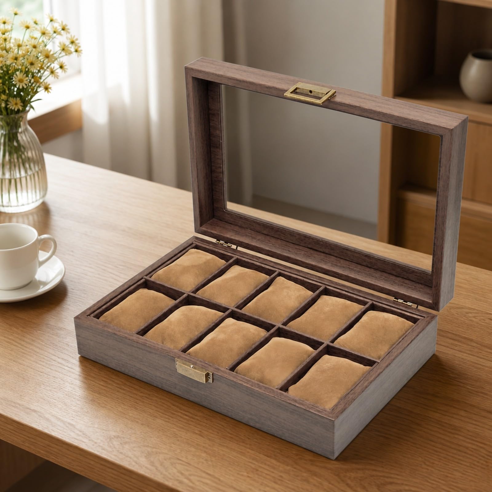 Perfeclan Organizador Relojes con 10 Compartimentos Versátil Caja Relojera con Vidrio Seguro Estuche Expositor Almohadillas para Armario