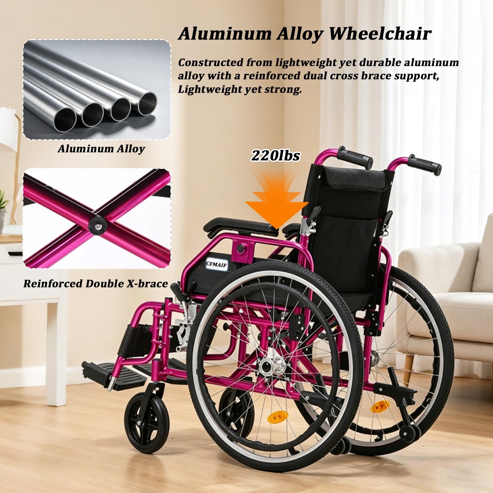 Sedia a rotelle pieghevole, Alluminio, Due sistemi frenanti, Pedane pieghevoli e rimovibili, Sedile 48 cm,Ruote piene(Pink)