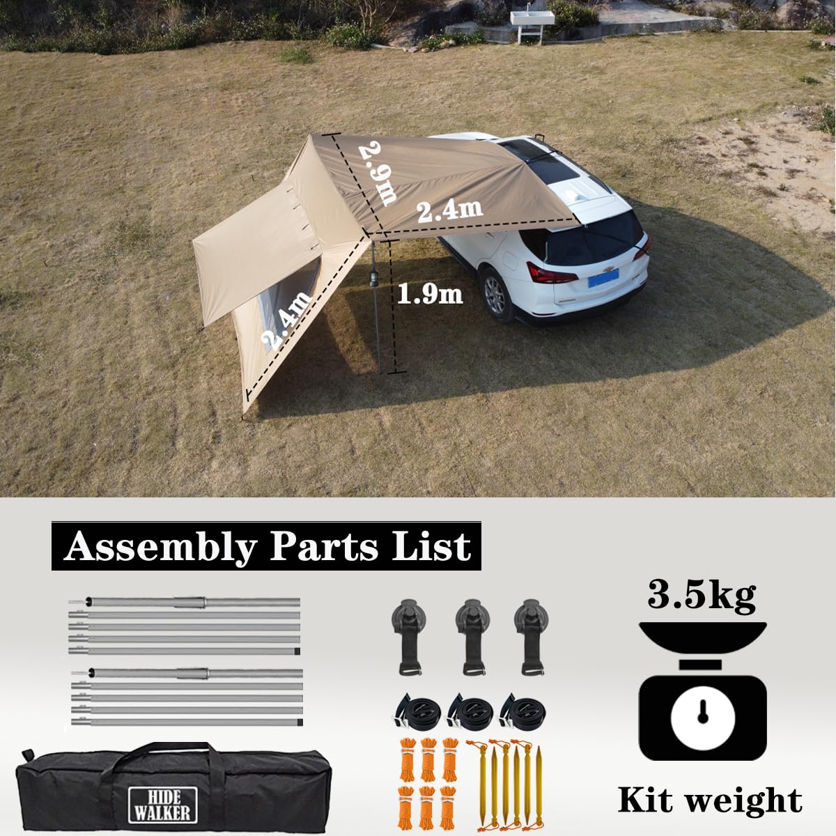 Auvent de Camping 3x5 pour Van Caravane Canopy Étanche et Anti-UV Abri de Hayon Abri Solaire Tarp de Camping avec Poteau (Brun, 3x5m)