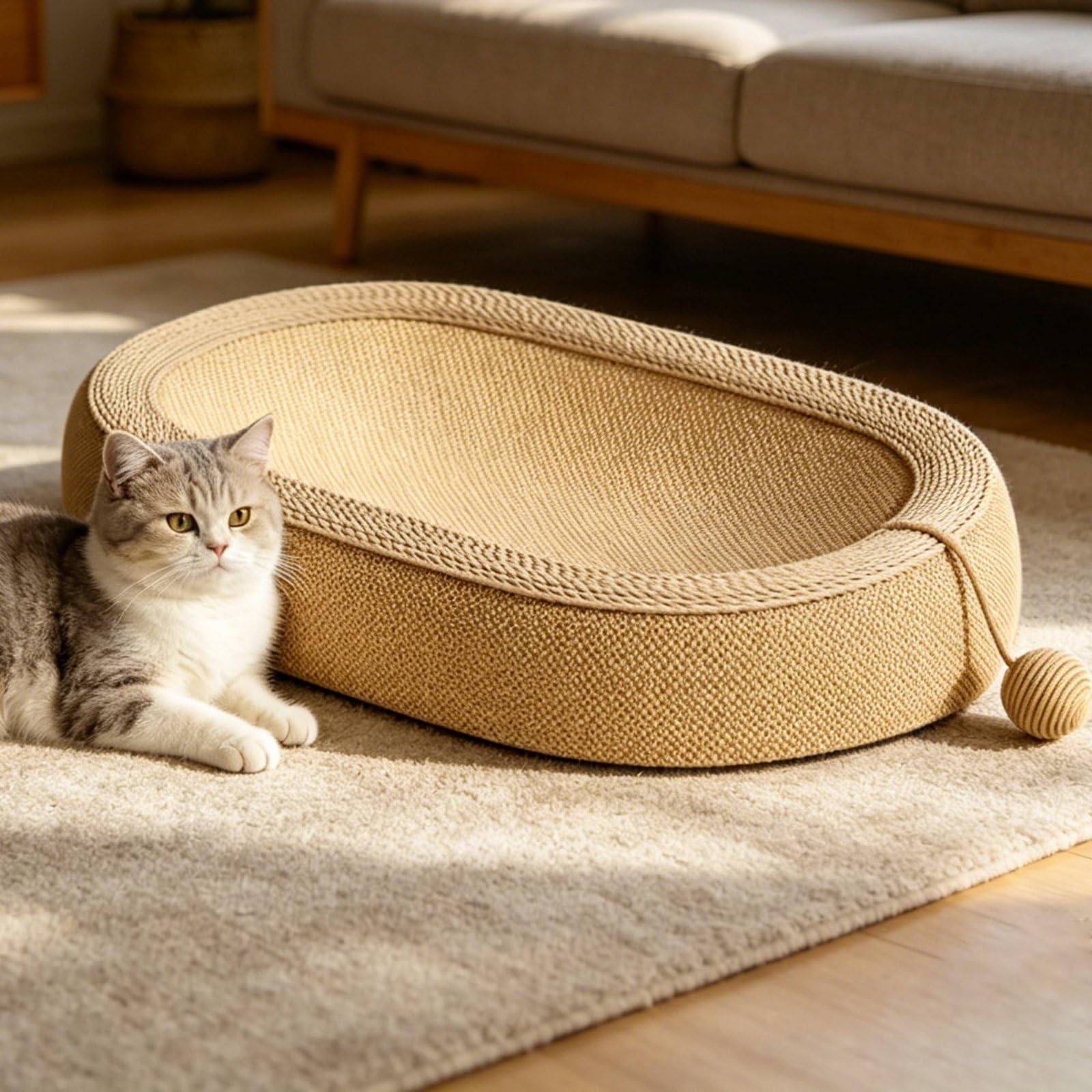 Tavoletta Tiragraffi Gatto Tappetino Letto Cuccia Nido in Sisal Compatto Senza Detriti con Palla Sospesa per Attività Adatta per Appartamento Famiglia