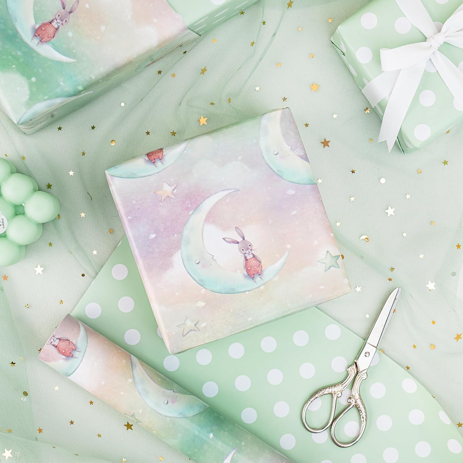RUSPEPA Reversible Wrapping Paper Roll - Mini Roll - Moon Rabbit Pattern Great for Baby Shower, Birthday, Party - 17.5 Inches X 32.8 Feet image 2