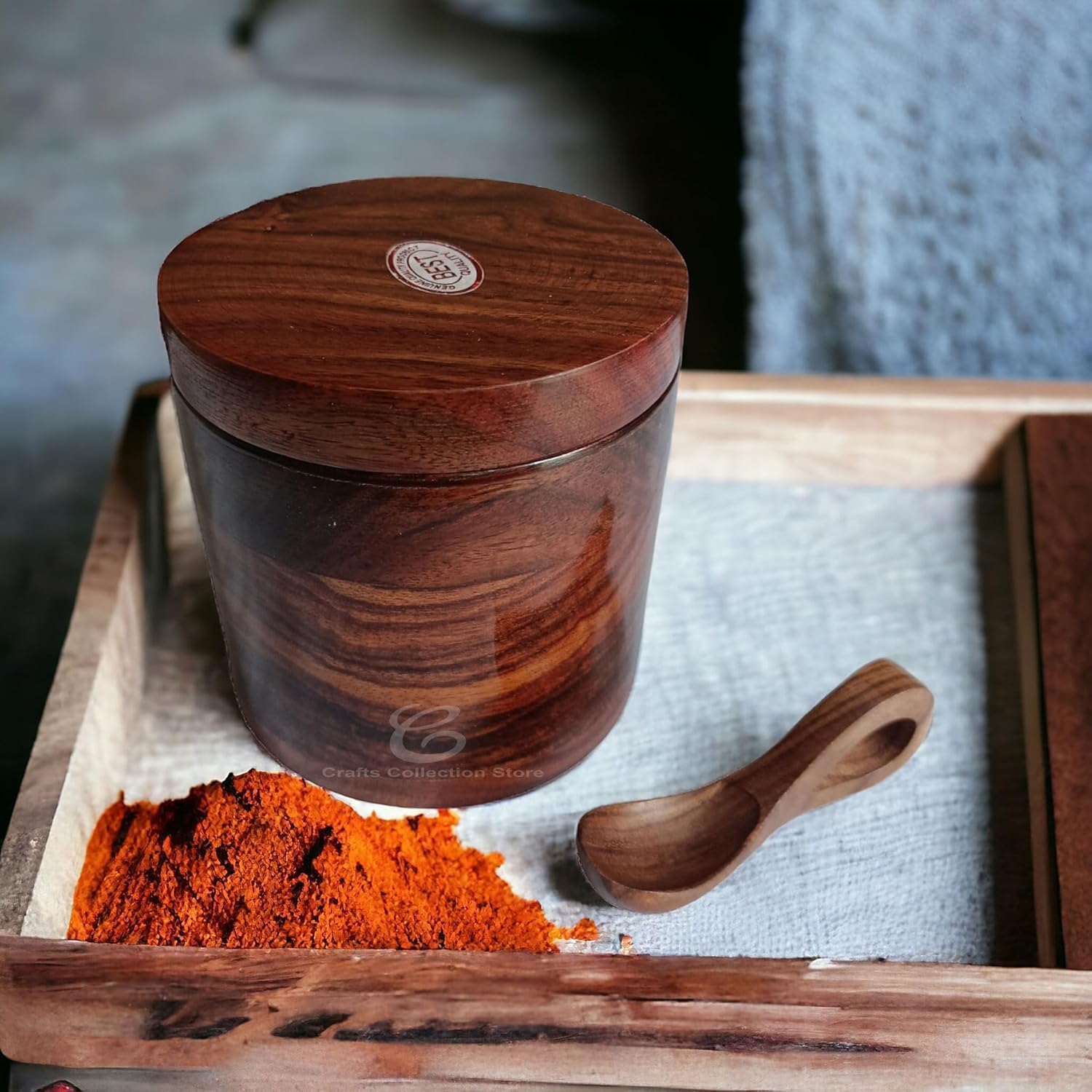 Crafts Collection Store Wooden Salt Box with Lid and Spoon, Brown, Sheesham Wood, Round, 400 ML