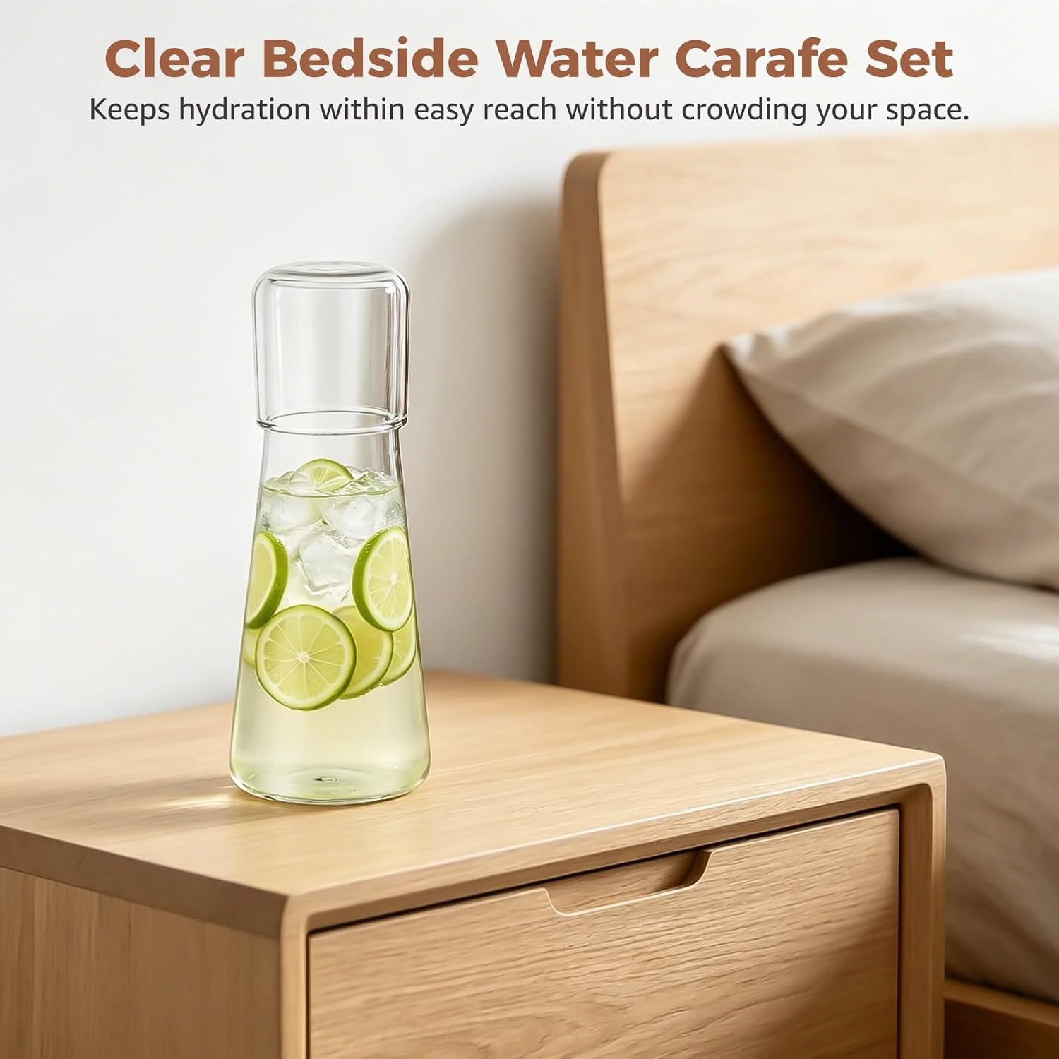 Clear Bedside Water Carafe Set, 30 oz Borosilicate Glass Water Pitcher with Cup Lid, Transparent Beverage Container, Modern Drink Bottle for Nightstand, Dining Table