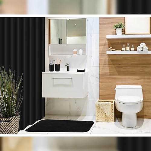Miniatura 3 de Hosuly Juego de 9 piezas de accesorios de baño, cortina de ducha y 12 ganchos, dispensador de jabón, jabonera, tapete de baño antideslizante, taza y