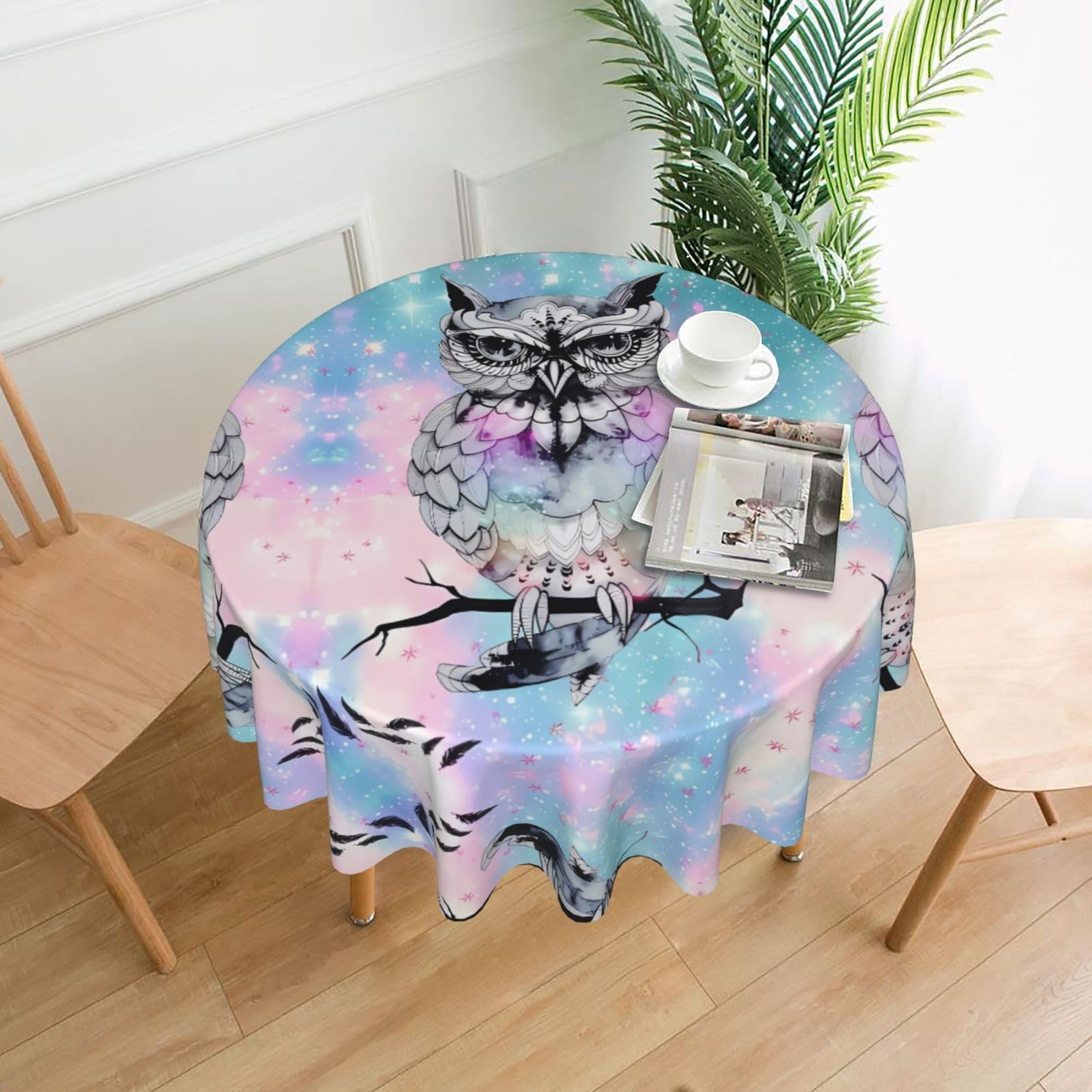 WHJSHOP Owl tree branch Prints Round Table Throw 60 Inch – Waterproof Table Cover for Dining, Coffee Tables, Parties & More - Soft, Wrinkle-Resistant Table Layer