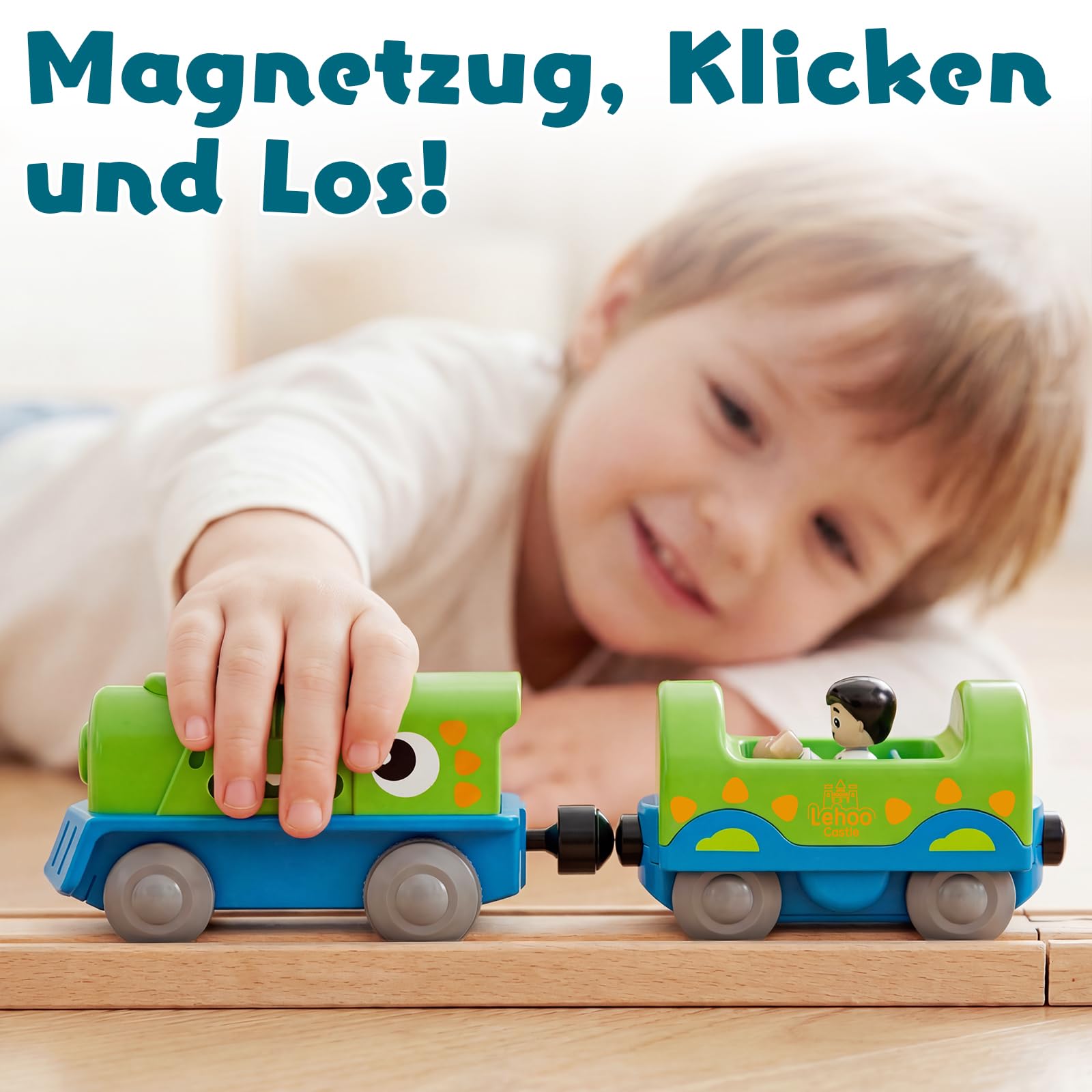 Lehoo Castle Holzeisenbahn mit Elektrischer Lok Dinosaurier, Freizeitpark Holz Eisenbahn Kinder, Holzeisenbahn Zubehör, Holz Spielzeug Geschenk für Kinder ab 3+ Jahre