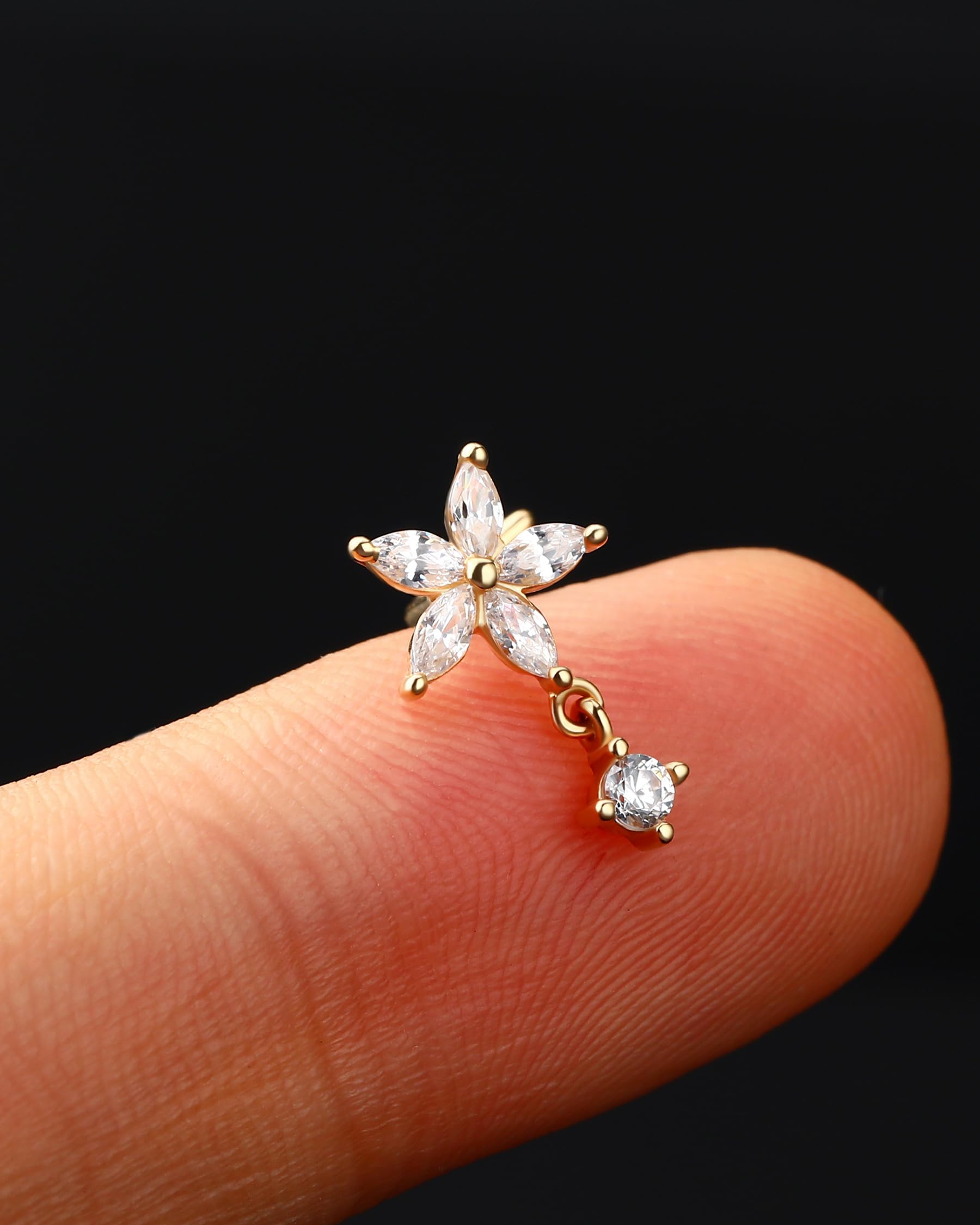 Jewseen 9K Gelbgold Nasenringe 20G Nase Piercing Stud Blume Nasenring L Shaped Dangle Nase Stud CZ Nase Schraube Nase Piercing Schmuck für Frauen Männer