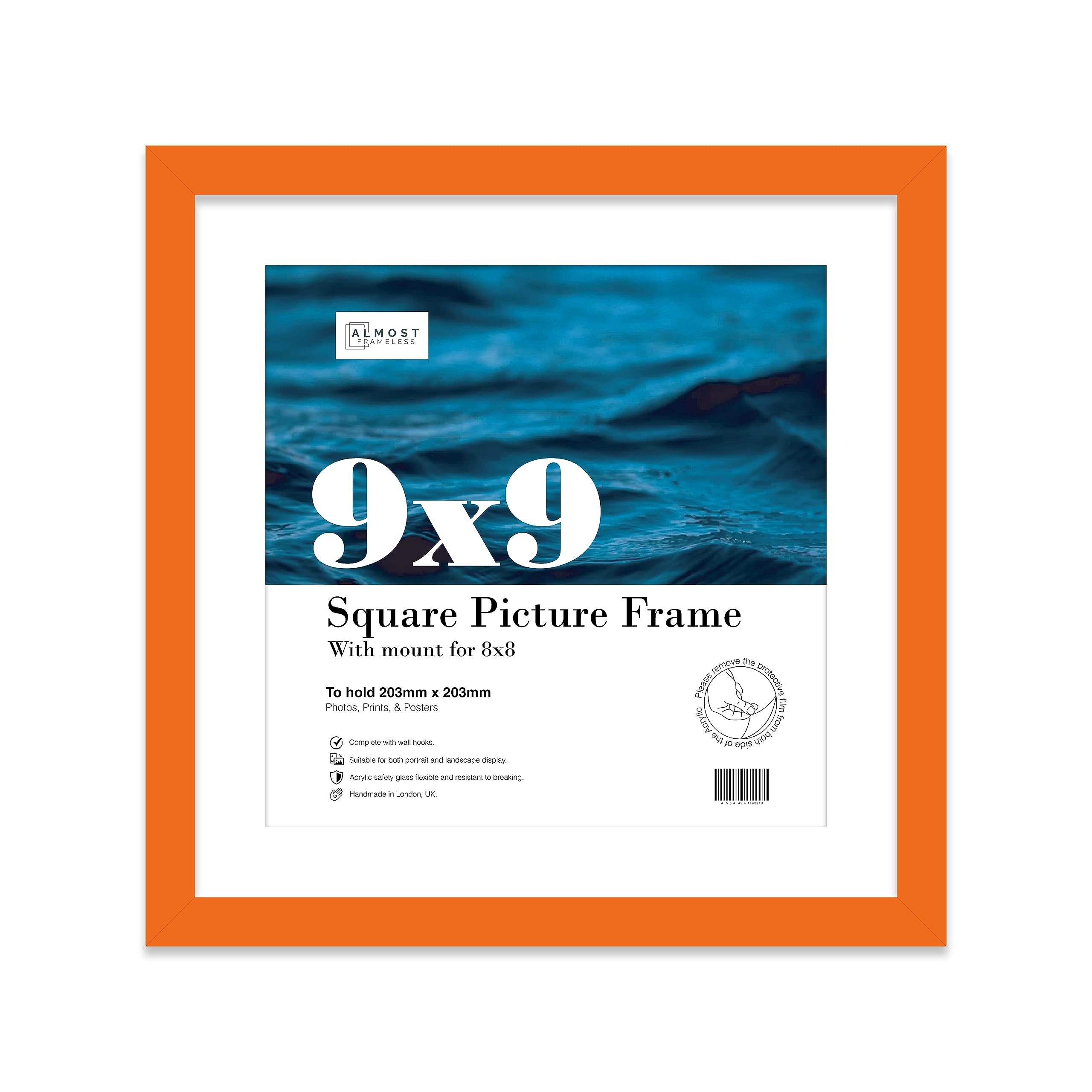 Almost Frameless 9x9 Picture Frame, Display Pictures 8x8 With Mat or 9x9 Without Mat, Wall Hanging & Free Standing Photo Frame, Orange, 1 Pack