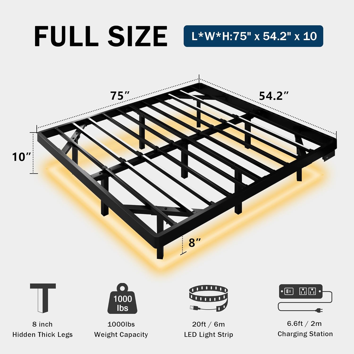 Diagram showing the dimensions of the Full Size GalnFu bed frame.