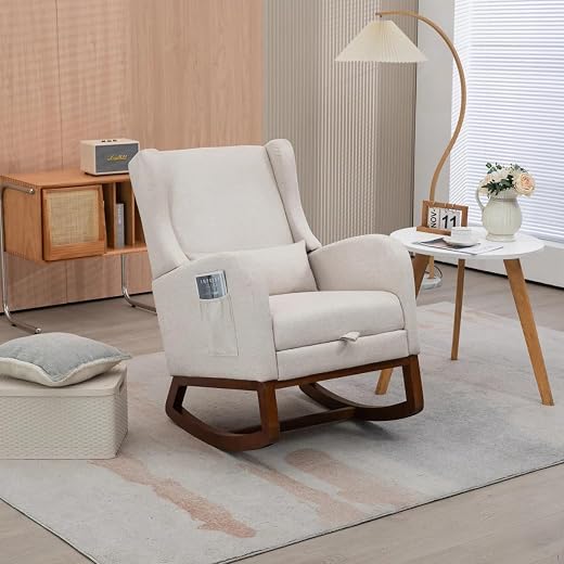 Rocking Chair Nursery, Mid-Century Upholstered Glider Rocker Chairs for Baby/Kids’ Room and Living Room, Contemporary Comfortable Rocking Chair with Side Pocket