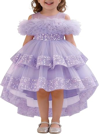 Toddler Baby Flower Girl Dress Off The Shoulder Sequin Tulle High Low Dresses Wedding Birthday Party Pageant Formal Gown