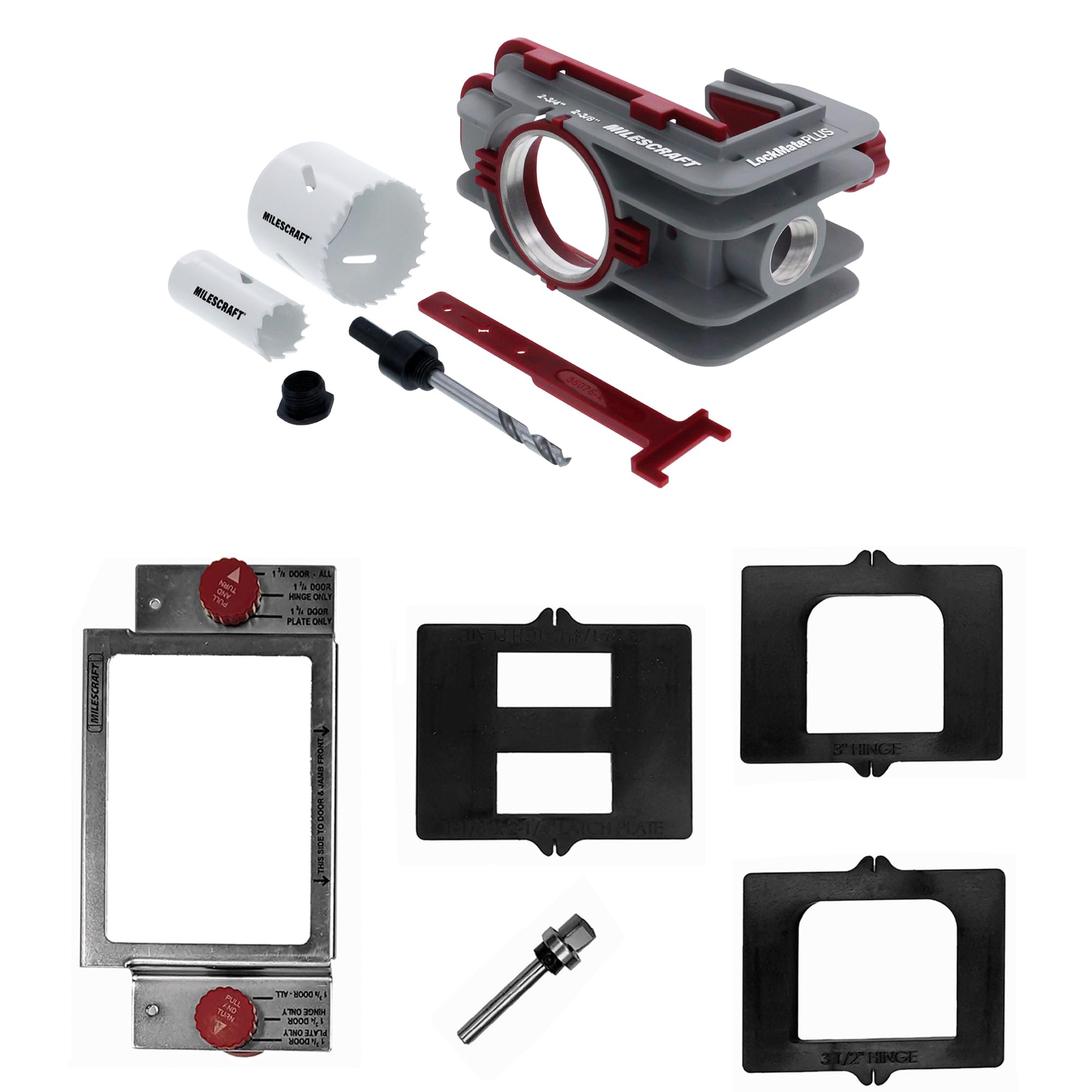 Milescraft 7301 Door Kit – For Installing Door Locks, Knobs, and Hinges. Self-Clamping Lock Jig with Bi-Metal Hole Saws. Rout Common Hinge Mortises on