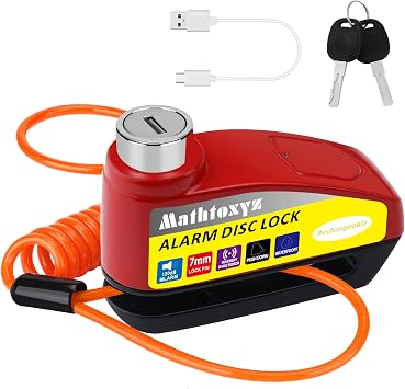 Motorcycle Lock Rechargeable, 120dB Alarm Disc Brake Locks Anti-Theft Security Wheel Disc Lock Waterproof with 5ft Reminder Cable and Carry Pouch for Motorbike Bike Scooter