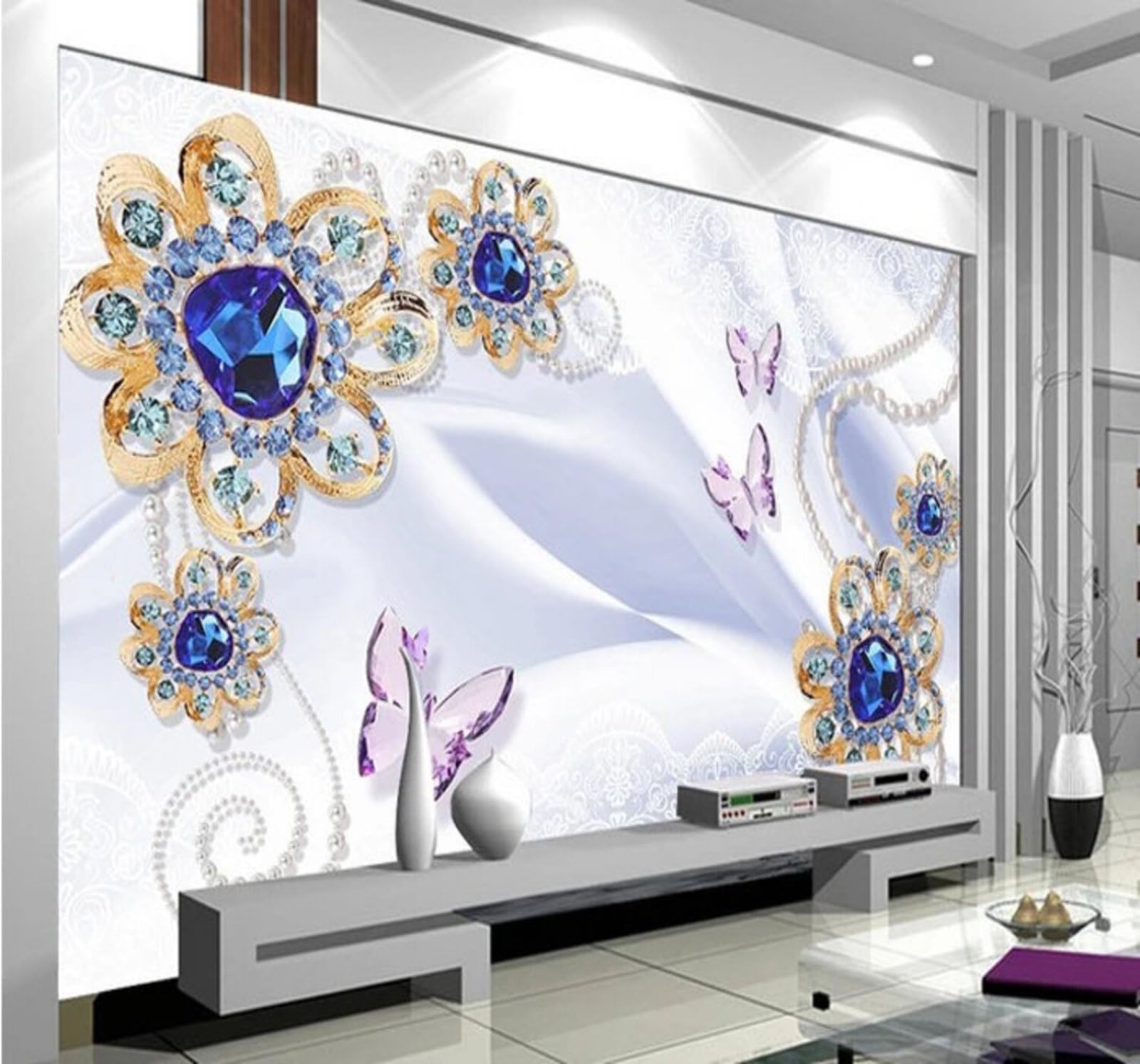 Wallpaper-3D-Xlm 200Cm×140Cm(B×H) Luxury Crystal Flowers Butterflies Silk 3D Wallpaper Easy Install Feature Office Living Room Sofa Bedroom Tv Background Wall Decoration-200Cm×140Cm