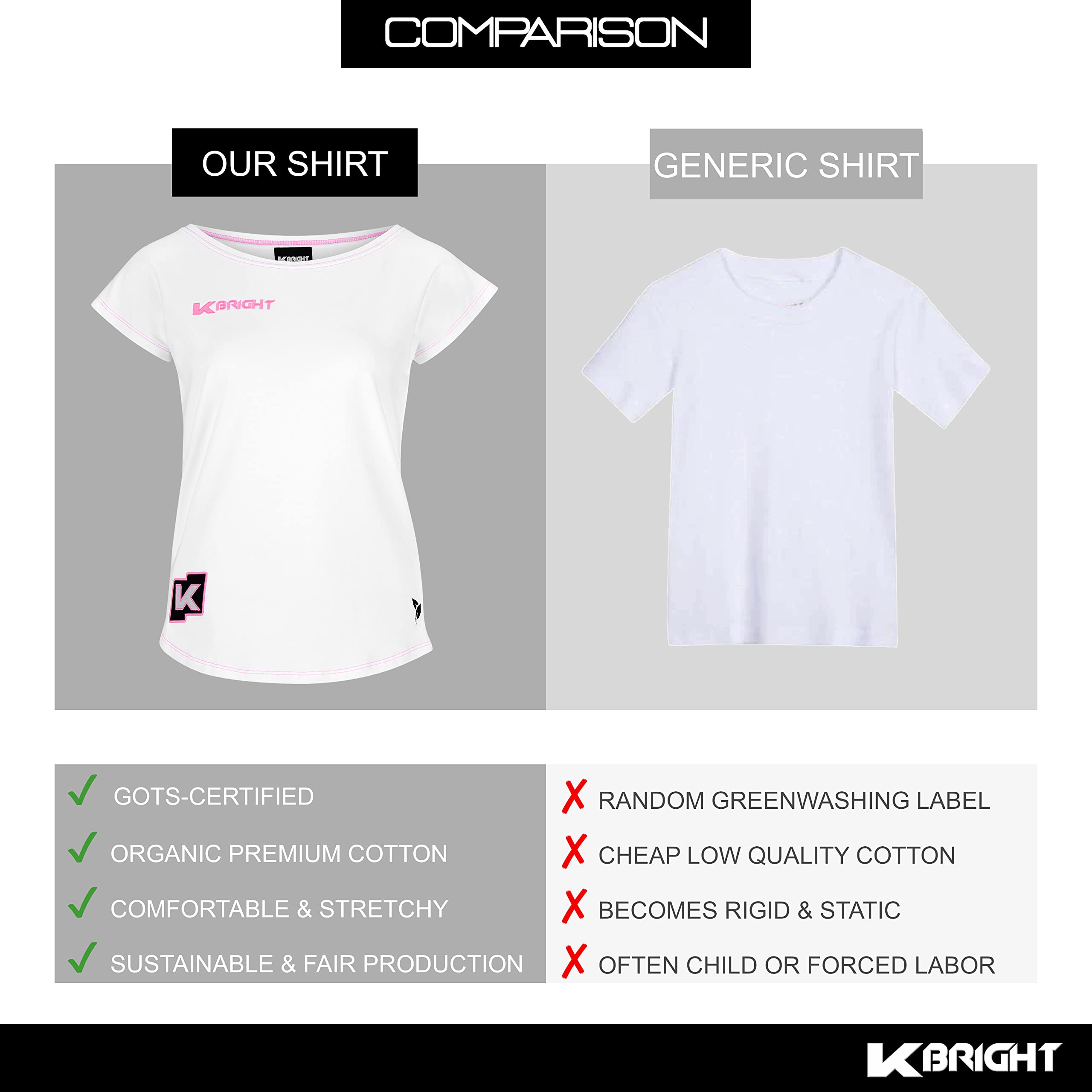K-BRIGHT Camiseta de Mujer | Algodón orgánico de Primera Calidad - Fabricada en Europa - Vegana| Sostenible. Fair. Deportivo.