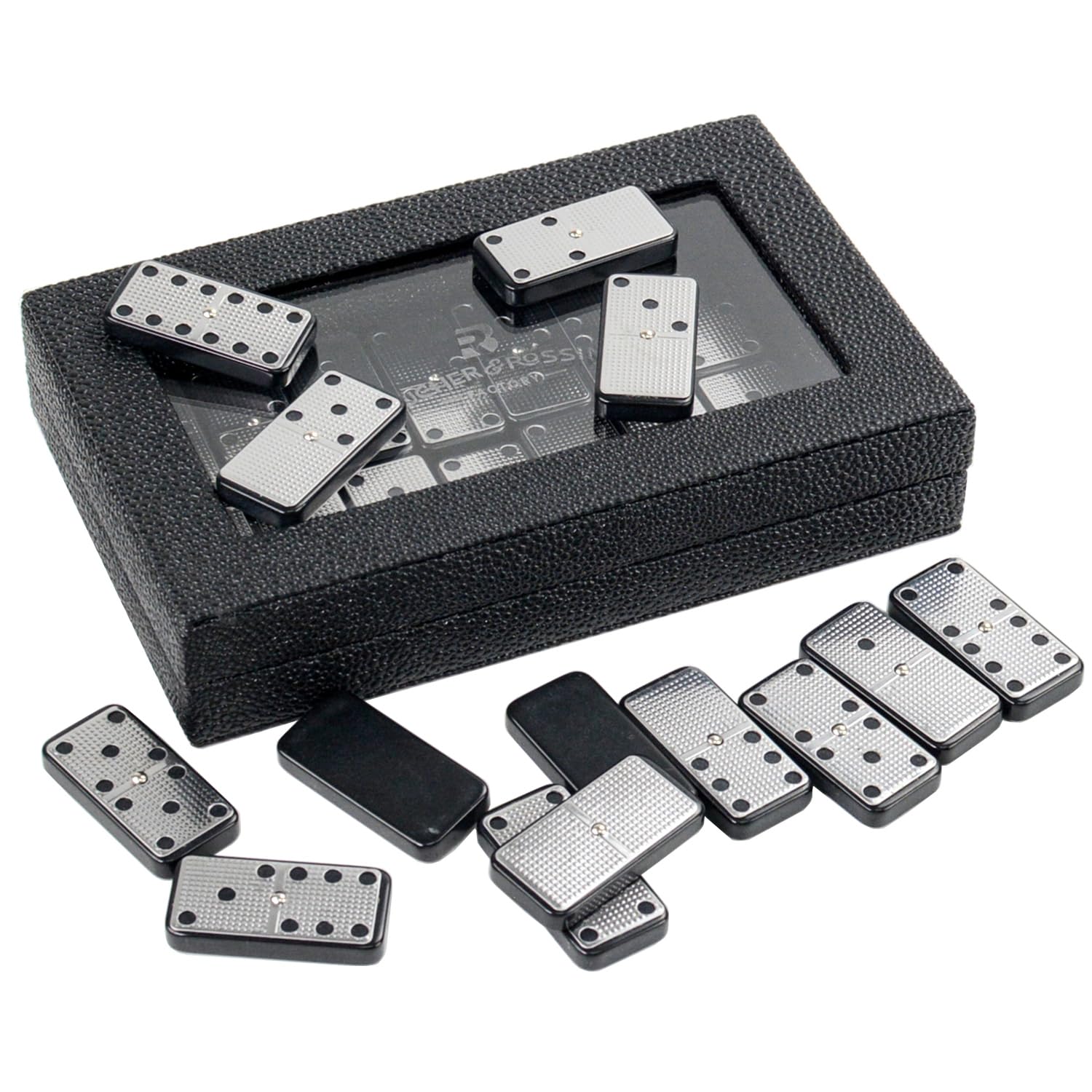 Metal Surface Dominoes Set Double 6 - Premium Classic 28 Pieces Double Six in Durable PU Wooden Box for Christma Party Entertainment