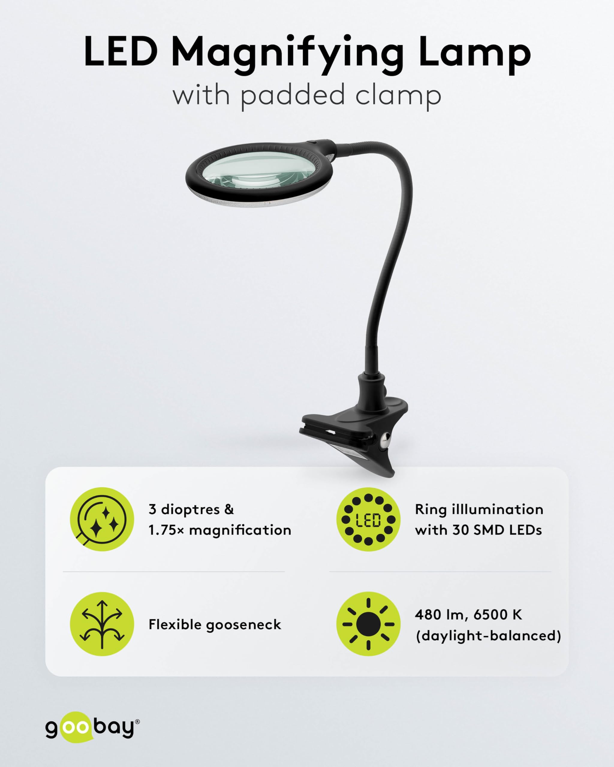Goobay 65577 LED Lupenleuchte mit Klemme/Lupenlampe aus Plastik / 6 W Leistungsaufnahme, Farbtemperatur 6200 K/Lichtstrom 480 lm/Betriebsspannung 230 V (AC) / Schwarz