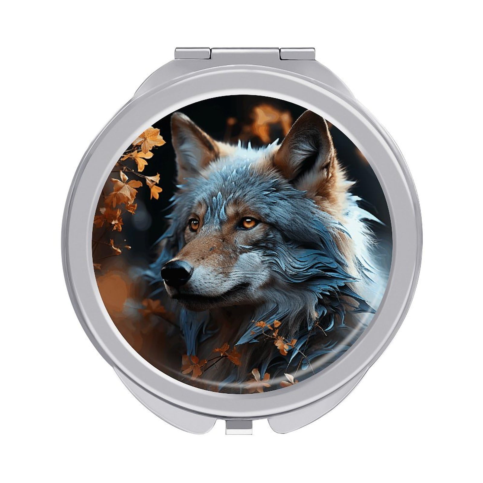 VstaDank Autumn Leaves and A Wolf Travel Makeup Mirror Cute Compact Mirror for Women 1X/2X Magnifying Metal Pocket Makeup Mirrors Folding Round Makeup Mirrors for Handbag Wallet & Gift