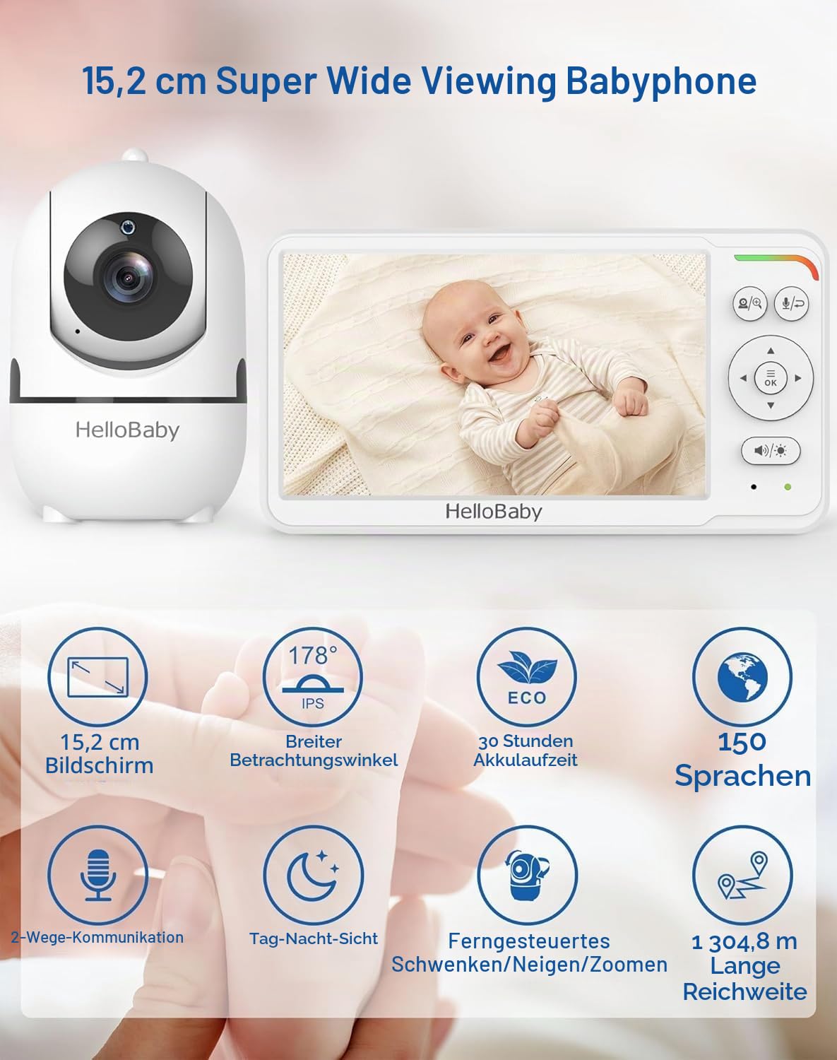 HelloBaby Video-Babyphone, 6 Zoll geteilter Bildschirm mit 2 kameras und 4000 mAh, Kabelgebundene Kamera, Pan-Tilt-Zoom Babyphone mit Kamera und Audio, Nachtsicht, ECO, 2-Wege-Audio, 8 Schlaflieder