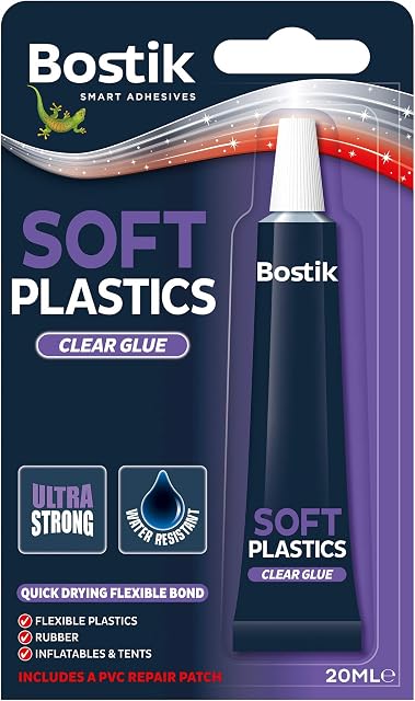 Bostik Soft Plastics Clear Glue, Ultra Strong, Water Resistant, Quick Drying, Flexible Bond, Ideal for Repairing Inflatables and Tents, Colour: Clear, Size: 20ml