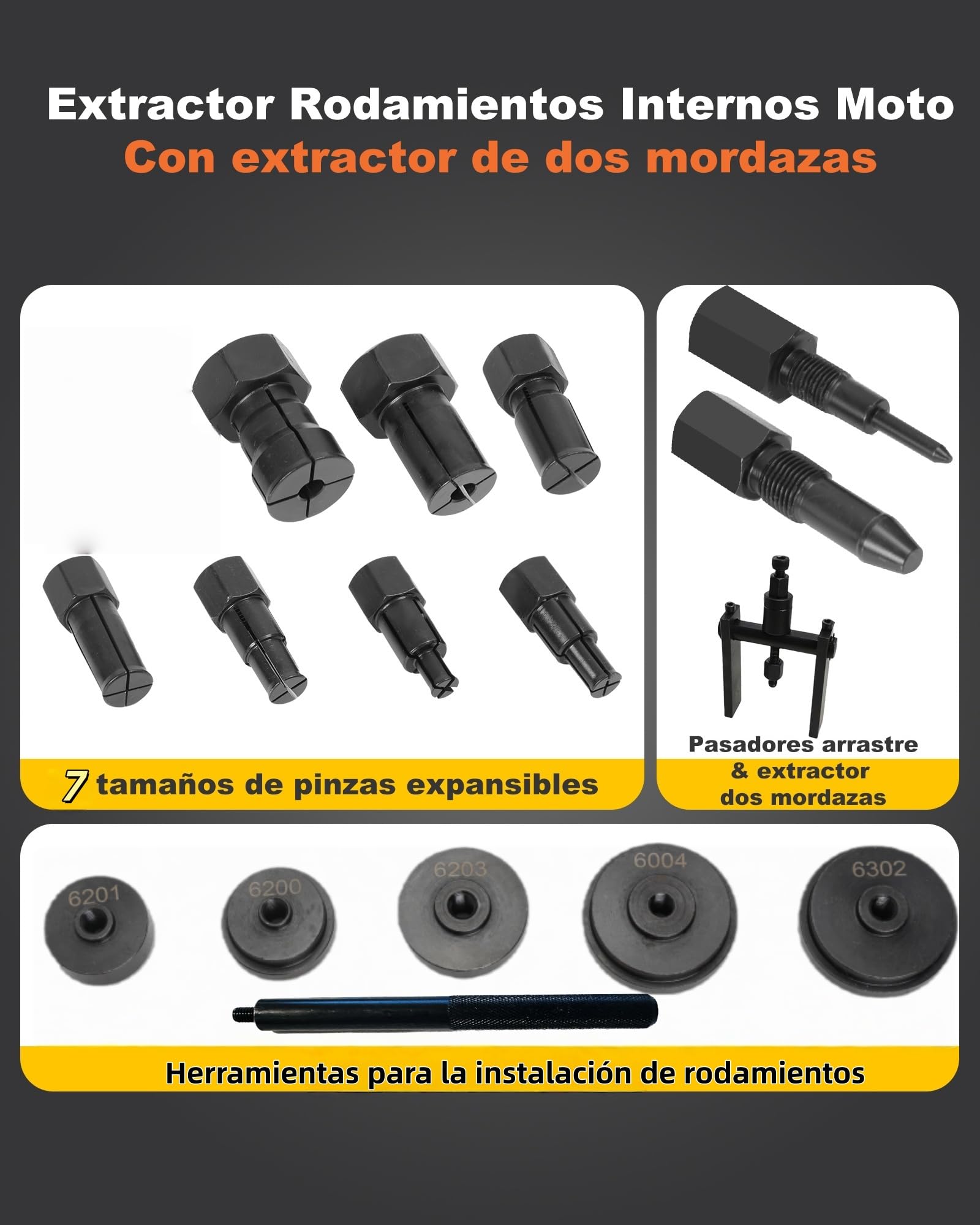 16PCS Extractor Rodamientos Bicicleta con Kit Prensa para Cojinetes para Instalación Rodamientos Extractor Rodamientos Internos con 7 Pinzas Expandibles & Extractor de Dos Mordazas