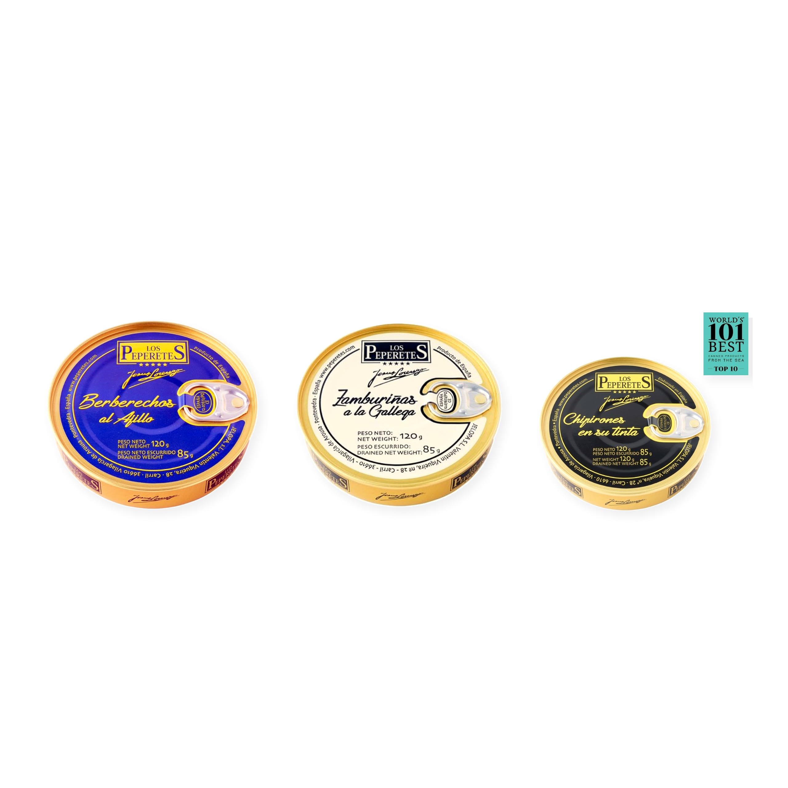 los peperetes conservas Berberechos Ajillo, Zamburiñas Gallega y Chipirones Tinta 120g pack 3 latas