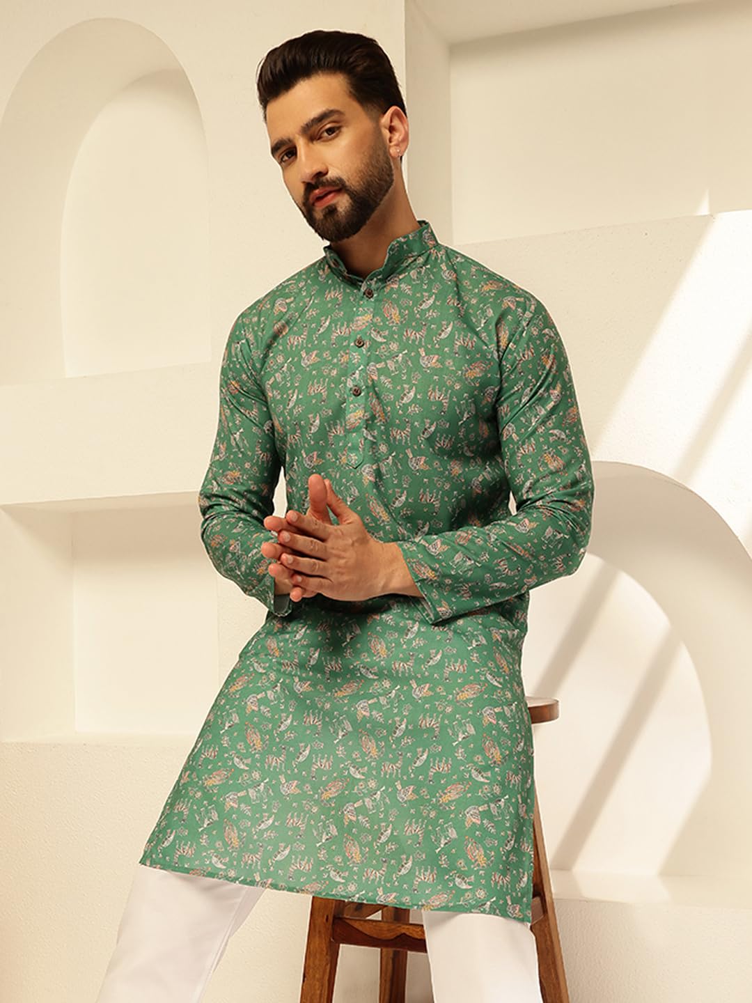 Sojanya (Since 1958 Men's Cotton Blend Printed Green Kurta With White Pyjama