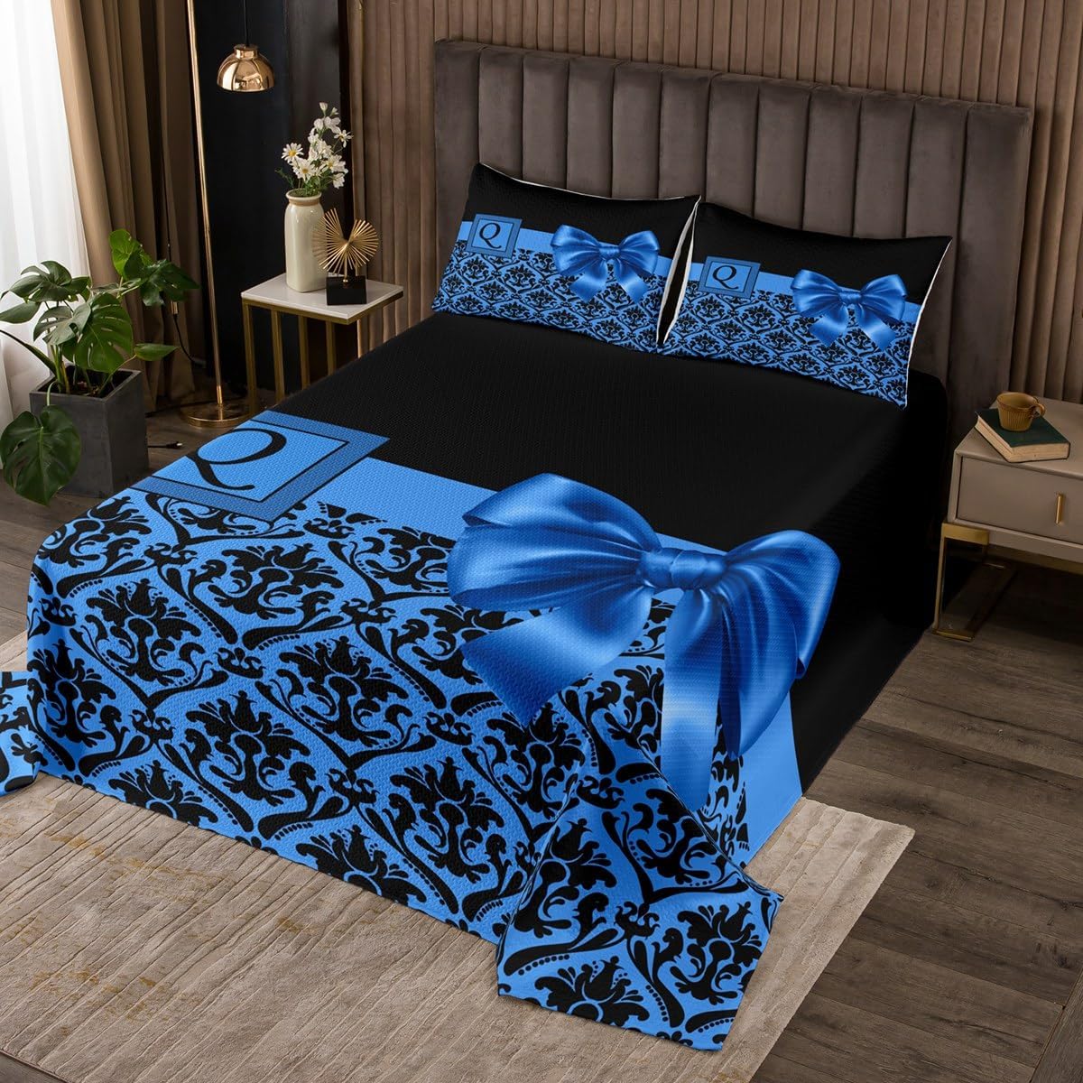 jejeloiu Coquette Bows Bedspread Quilts Blue Initial Coverlet Set Twin Size for Kids Boys Girls Retro Floral Boho Quilted Coverlet for All Season with 1 Pillowcase Microfiber