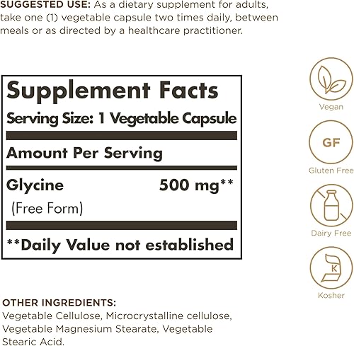 Miniatura 2 de Solgar Glycine 500 mg 100 cápsulas vegetales  Apoya el sueño reparador  Forma libre L-glicina  Importante Aminoácido  Natural sabor dulce  Vegano
