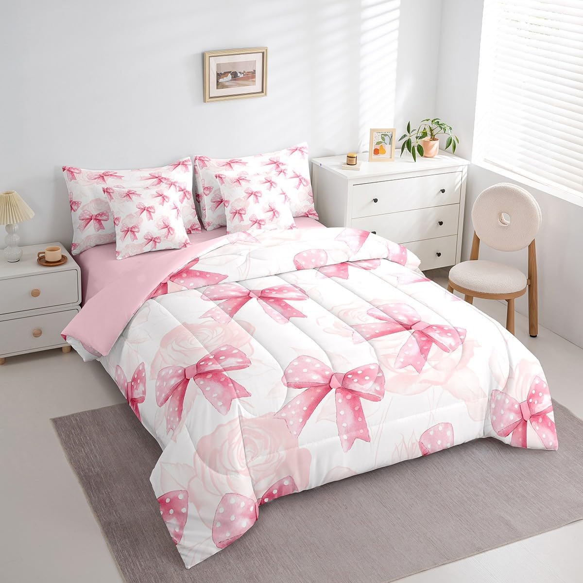 Feelyou Kids Pink Bow Comforter Set with Sheets Full Size, Cute Bowknot 7 Pieces Bed in a Bag Set Boys Girls Romantic Rose Bed in a Bag Teens Bedroom Decor 7Pcs
