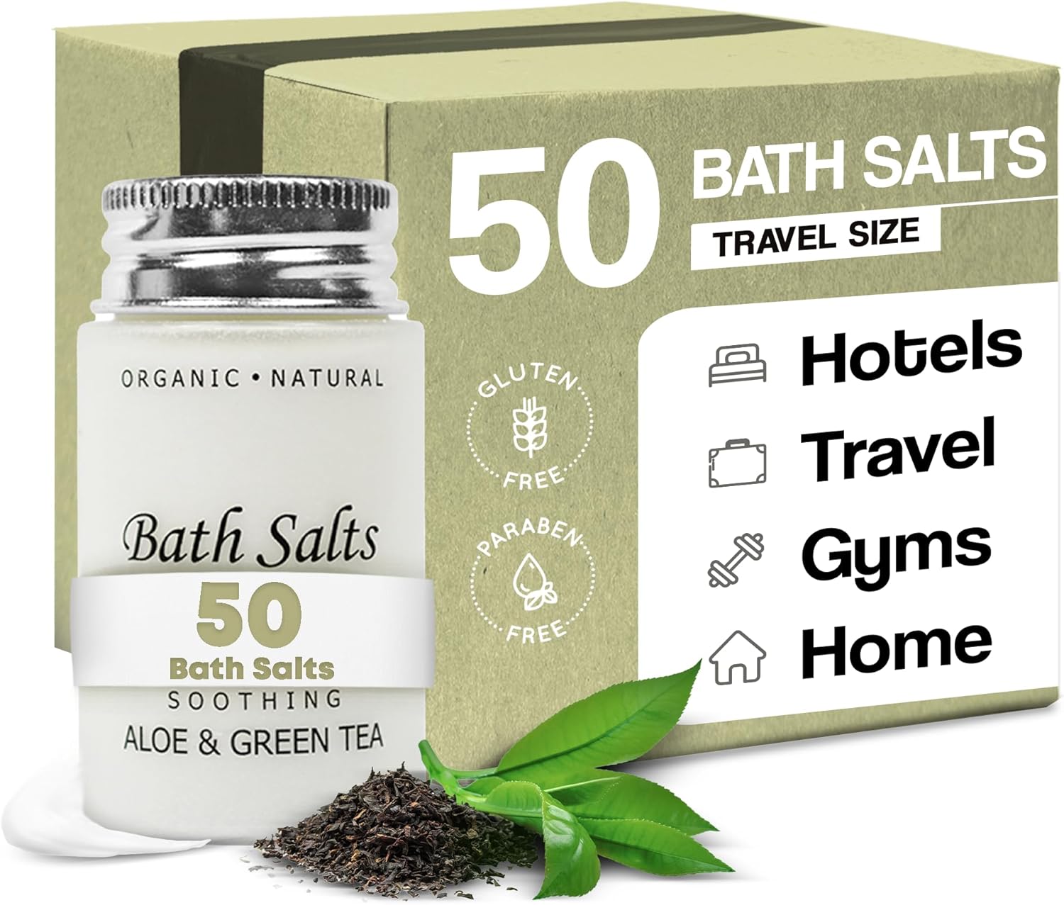 Soothing Aloe & Green Tea Bath Salts | 1.2oz Single-Use Hospitality/Travel Size Jar | Case of 50
