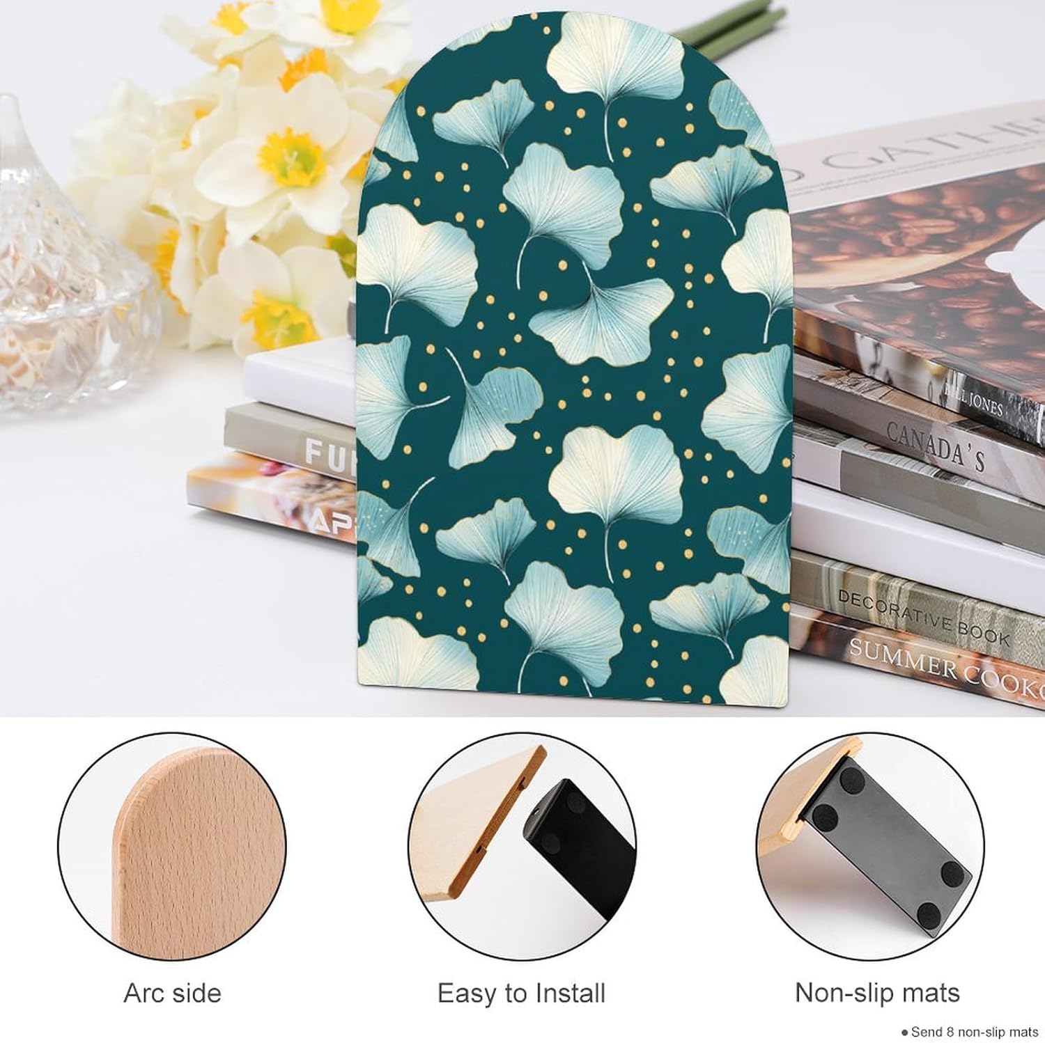 Ginkgo Gold Dots Cute Wood Book Ends Decorative Bookends 1 Pair Non-Skid for Shelves Home Office 7 X 5 Inch