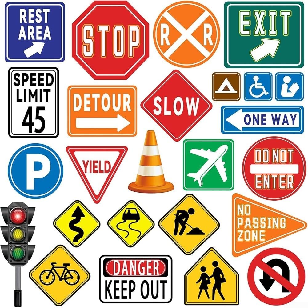 Traffic Road Signs Wall Stickers 25pcs PVC Decals PVC Traffic Sign Wall Decals 25pcs Waterproof Safe Kids Bedroom Road Sign Stickers 25pcs Easy Apply 25pcs Transportation Wall Stickers for Classroom