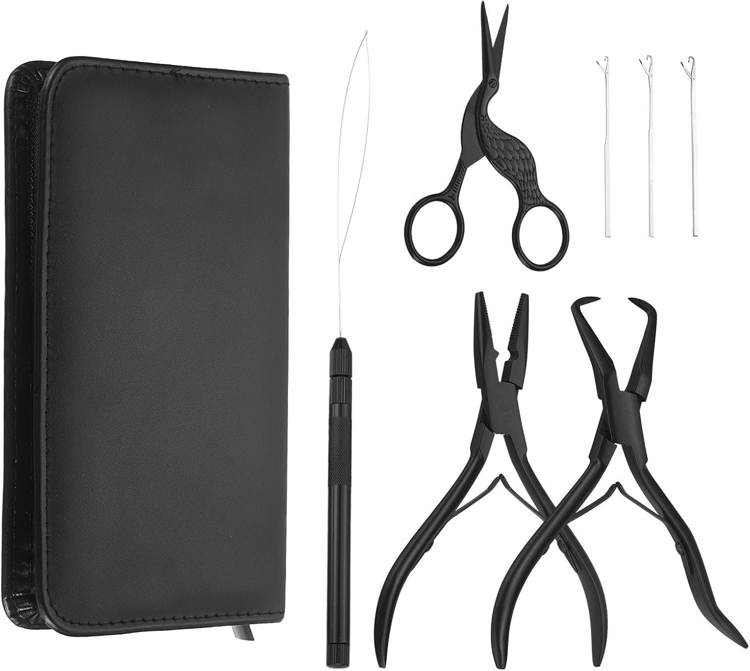 HARFINGTON Hair Extension Beading Tool Kit Stainless Steel Hair Extensions Micro Link Bead Closer and Remover Pliers Micro Ring Loop Needle Pulling Hook and Cutting Scissors, Black