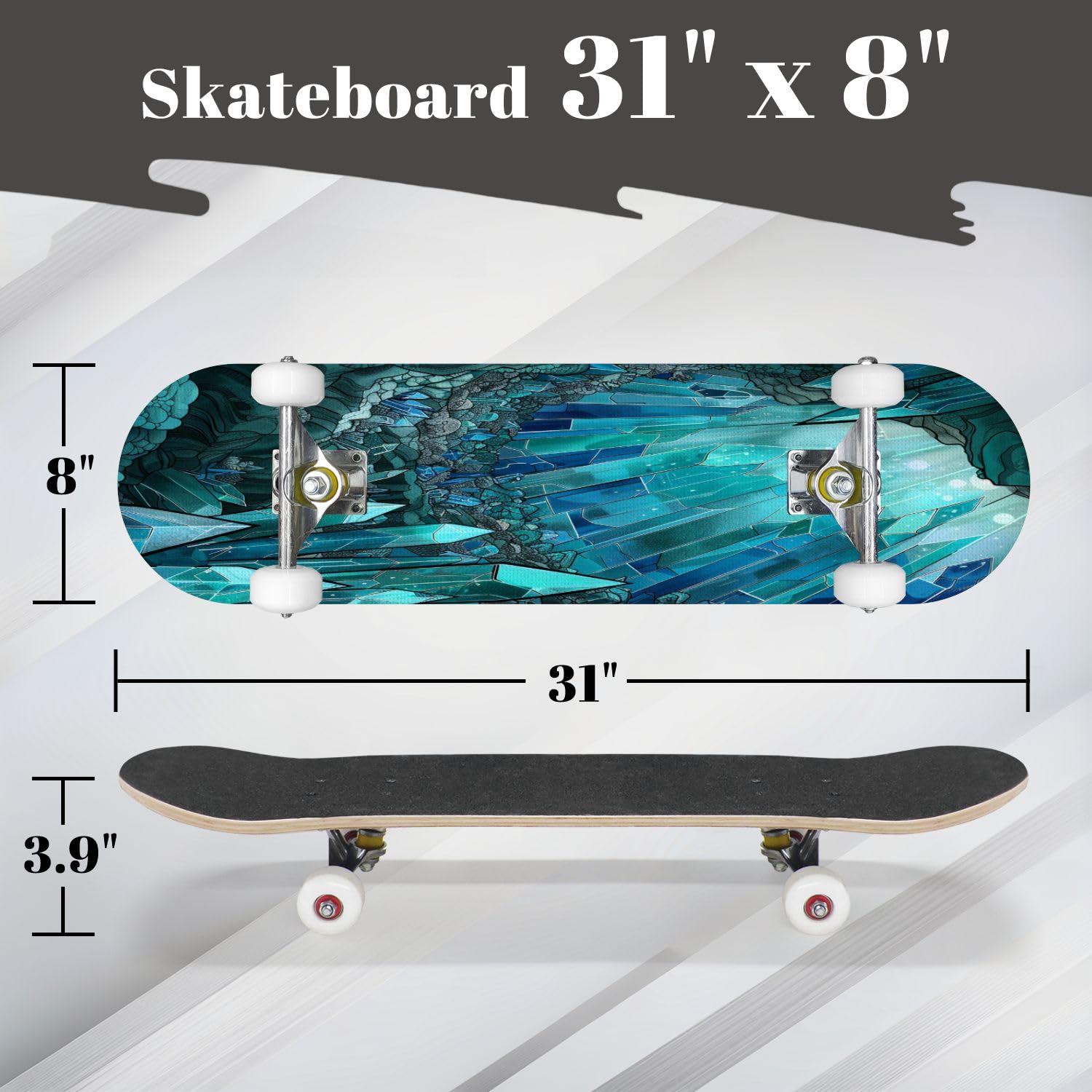 Complete Skateboard with Life Crystal Fish Teal Cliff Stained Glass Beginner Skateboard 7-Layer Maple Wood Double Kick Concave Skateboards for Kids, Adults, Teens 31