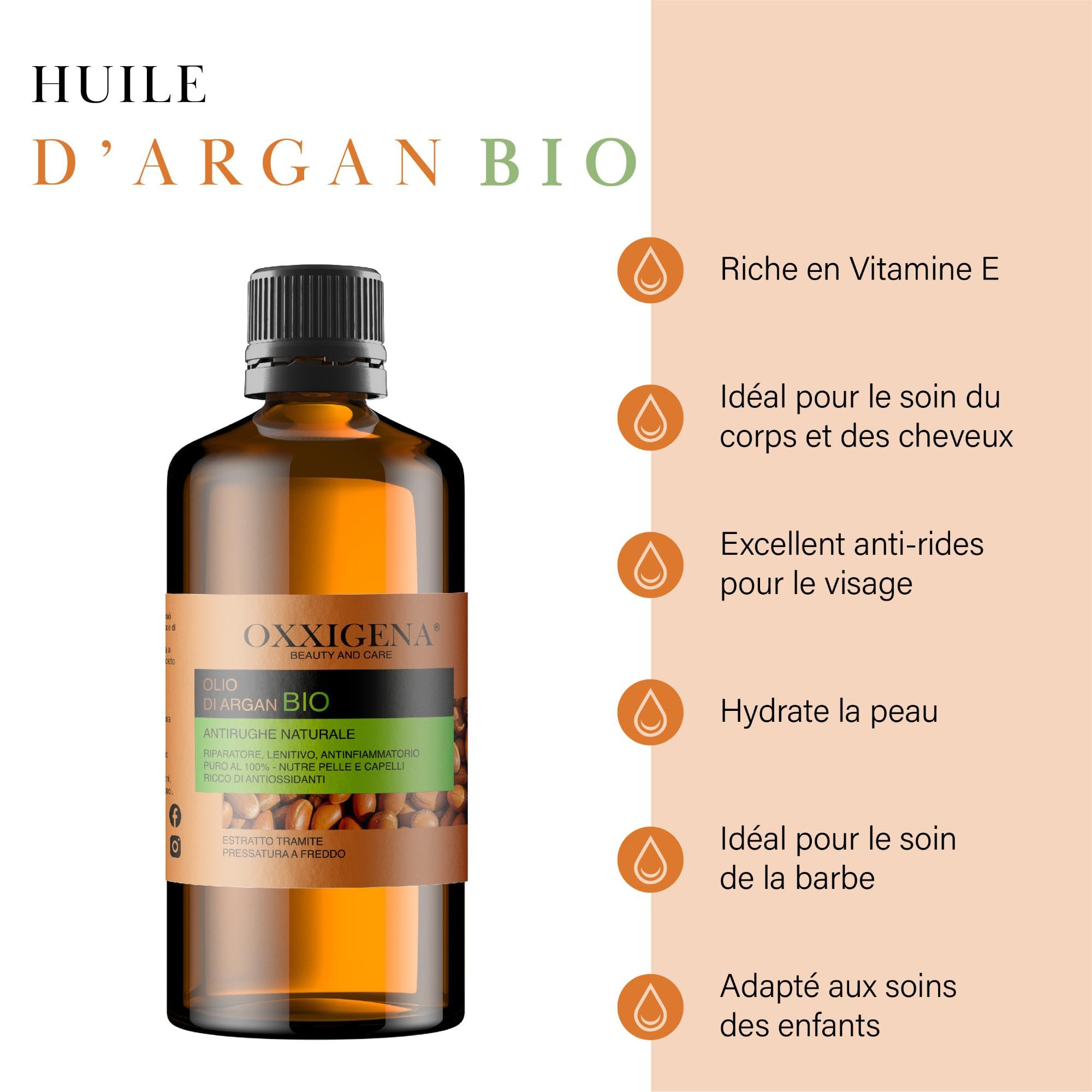 Oxxigena Pure 100% Huile d’Argan Marocaine Biologique - 250 ml - Pressé à Froid - Hydratant, Idéal pour Visage, Cheveux, Peau, Barbe et Cuticule - Végétalien, sans OGM