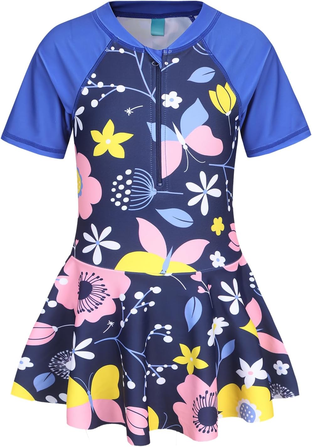 Girls One Piece Swimsuits Hawaiian Skirted Bathing Suit for Kids Girls Summer Swim Dress Short Sleeve Swimwear 3-16 Years