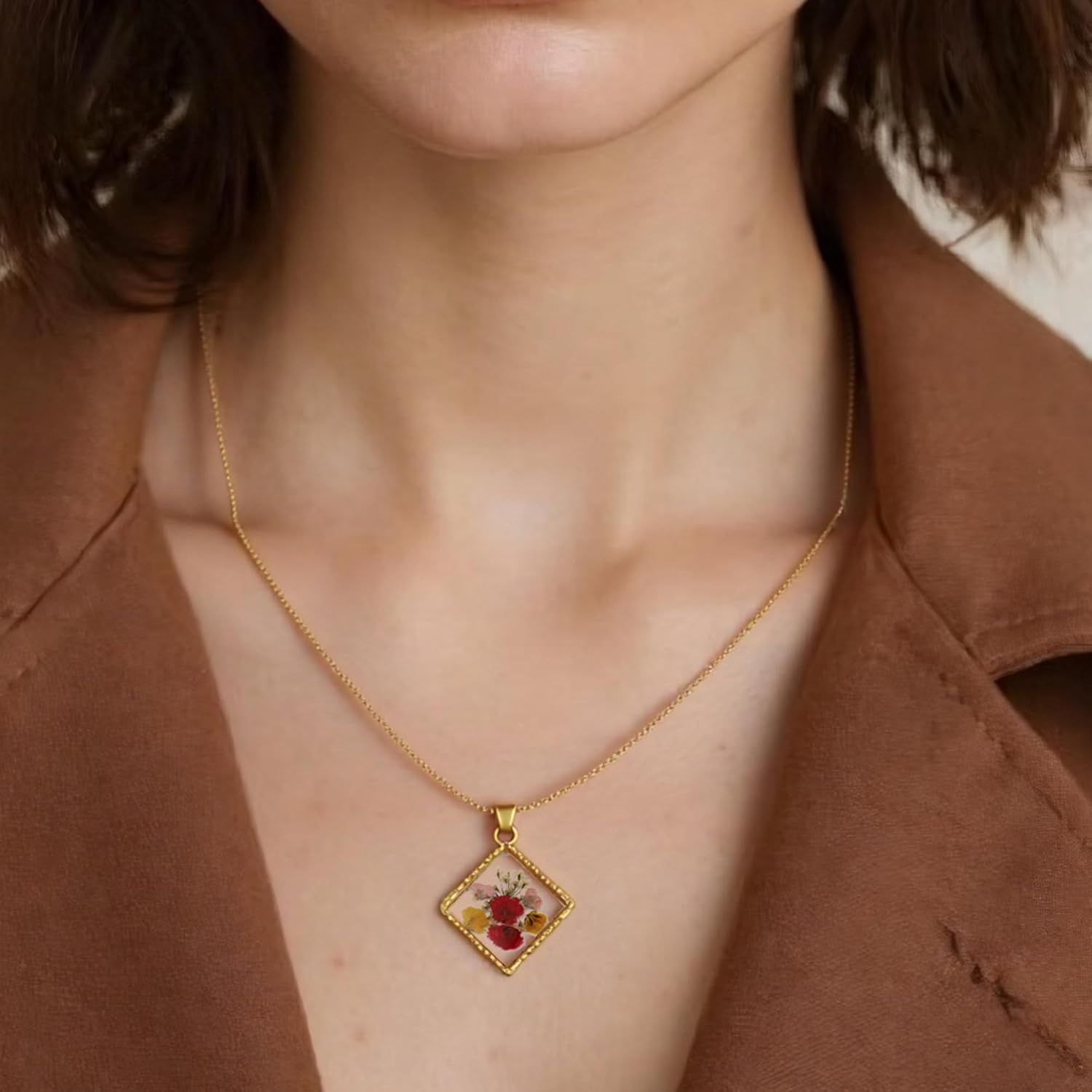 LETFLY Birth Flower Necklaces for Women, 18K Gold Plated Rhombus Shaped Handmade Floral Pendant, Pressed Flower Necklace Jewelry Gifts - Image 2