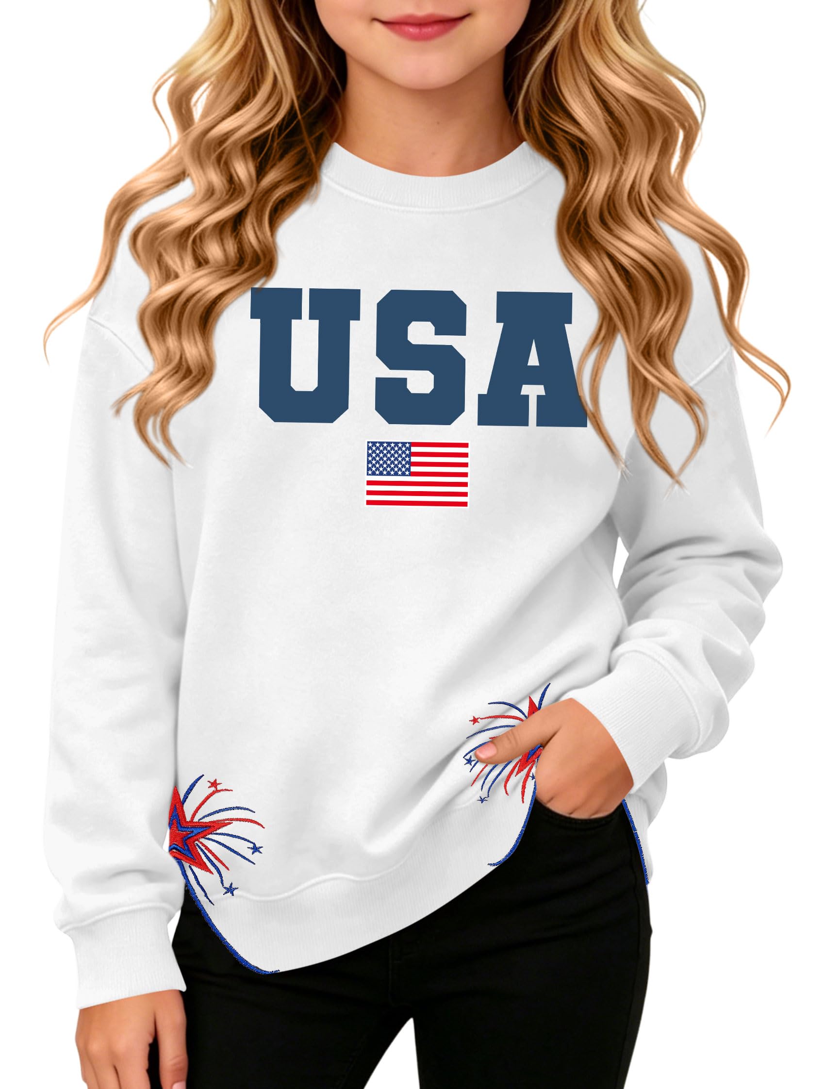 Ithalt Kids USA Sweatshirt Boys Girls 4th of July Shirt American Patriotic Pullover with Embroidered Side Slits 5-14y