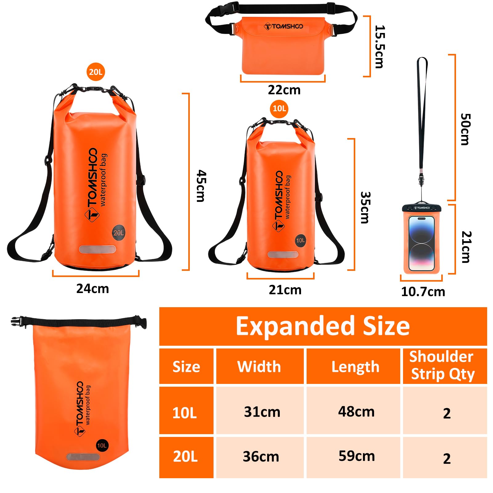 TOMSHOO Dry Bag Set, Wodoodporny Plecak 10L/20L z Wodoodpornym Pokrowcem i Kieszeń na Telefon Komórkowy, Regulowany Pasek na Ramię, Wodoodporny Plecak na Spływy Kajakowe, 10L, Pomarańczowy