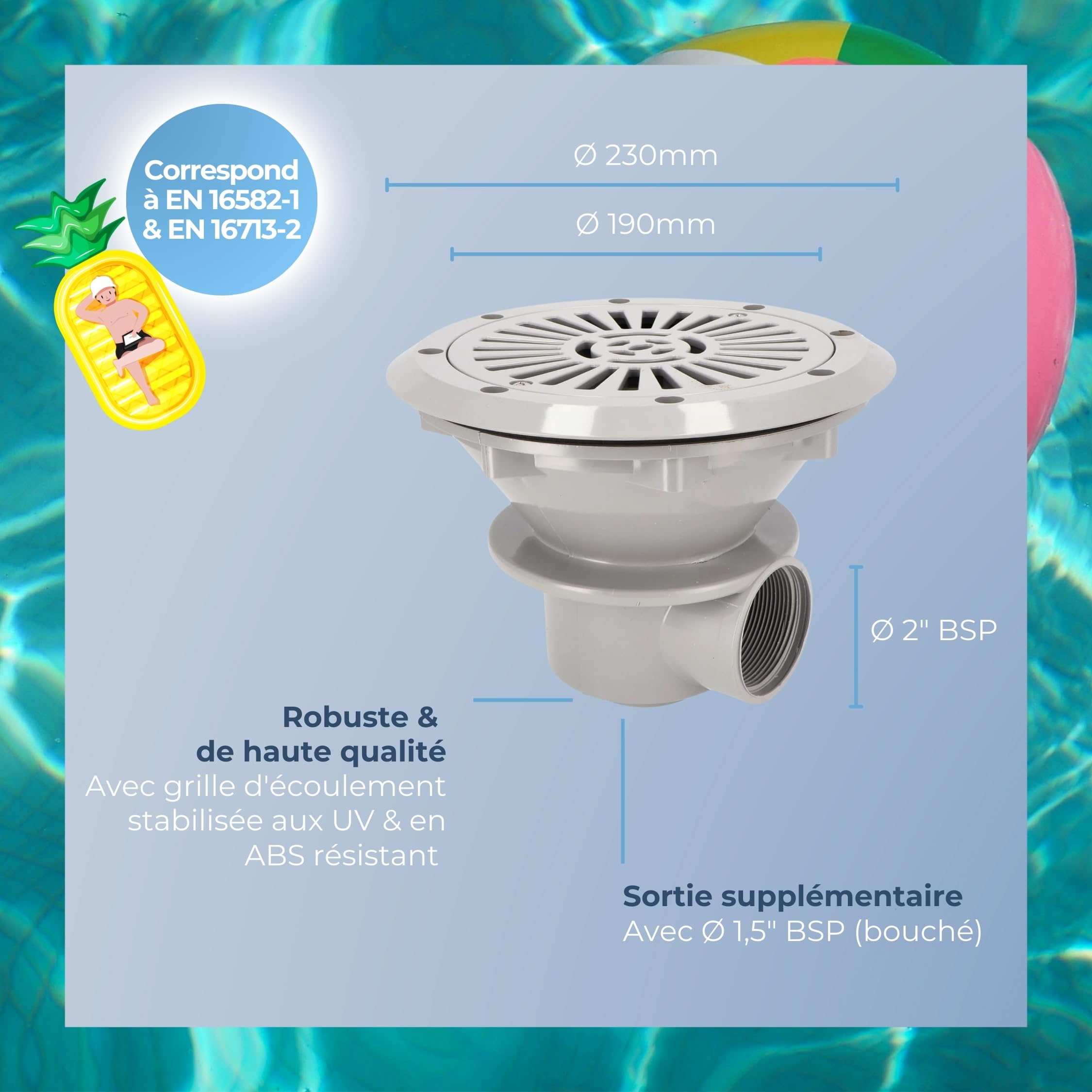 Bonde de Fond ABS avec Couvercle I Évacuation Principale pour Tous Types de piscines I Bride, Joints et vis Inclus I Diamètre Total : 230 mm I Accessoire de Piscine Premium Gris Clair