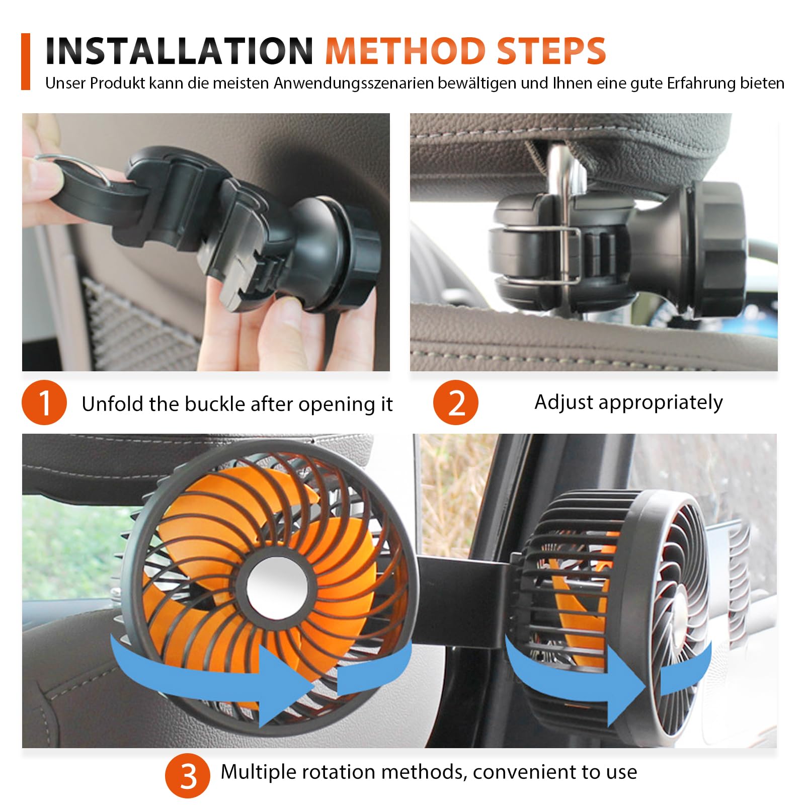Ventilatore per auto, 12 V, per sedile posteriore, girevole a 360 gradi, ventola per auto a doppia testa, ventilatore per auto, mini ventilatore, portatile girevole a 360°, per veicoli come berlina,
