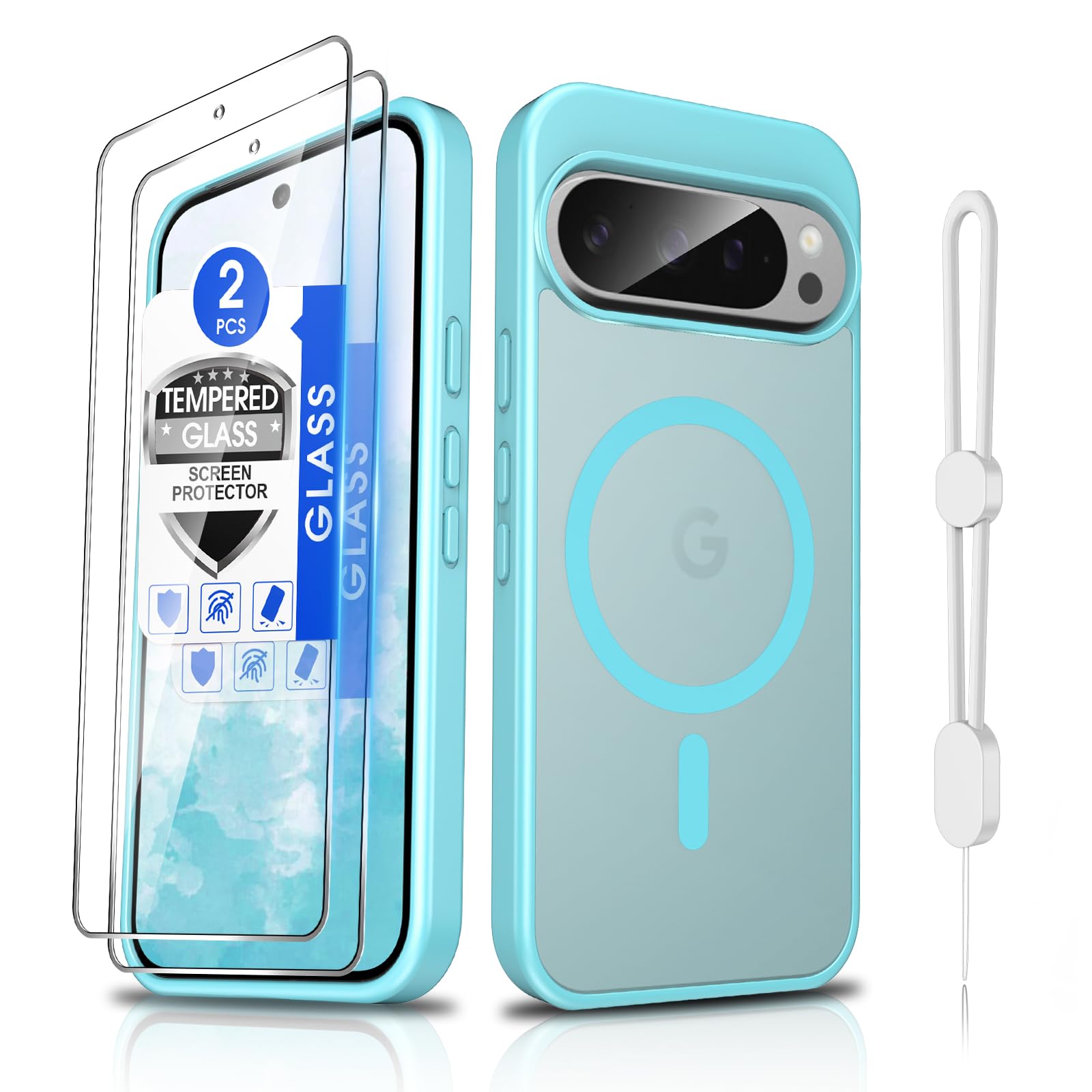 Dizn Magnetic for Google Pixel 9/Pixel 9 Pro Cover,[Not Fit Pixel 9 Pro XL],with Tempered Glass Screen Protector,Lanyard,Compatible with MagSafe,Matte Shockproof Protective for 9/9Pro,Teal