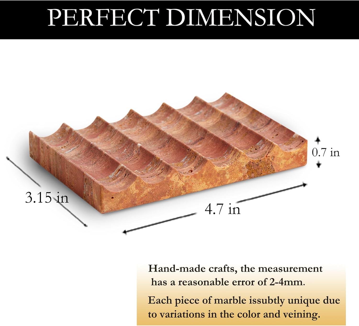Elegant Natural Marble Soap Dish – Zen Stone Soap Tray – Rectangle Non-Slip Soap Holder for Bathroom and Kitchen - Jewelry Display Dish (Red Travertine)