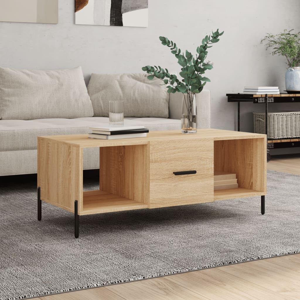 Mesa de centro Sonoma roble 102 x 50 x 40 cm moderna de madera con patas de hierro espacio de almacenamiento 3 compartimentos puerta aparador para salón, dormitorio, oficina o pasillo