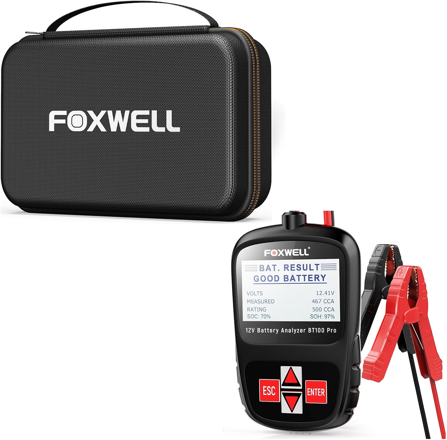 FOXWELL NT301 CASE and FOXWELL BT100 Pro 12V Car Battery Tester, Automotive Digital Battery Analyzer, 100-1100CCA Car Battery Load Tester, Detect Health Faults, High-Precision