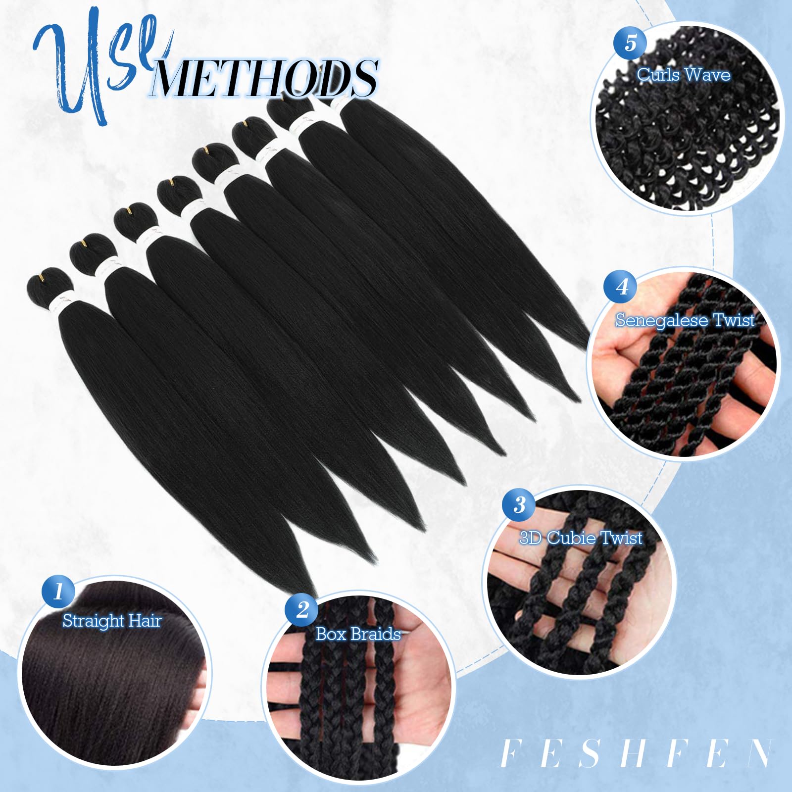 FESHFEN Extensiones para Trenzas Africanas 8 Piezas Pre Stretched Braiding Extensiones de Cabello Trenzado Sintetico Twist Crochet Braid Extensión Pelo Postizo Castaño claro, 66 cm